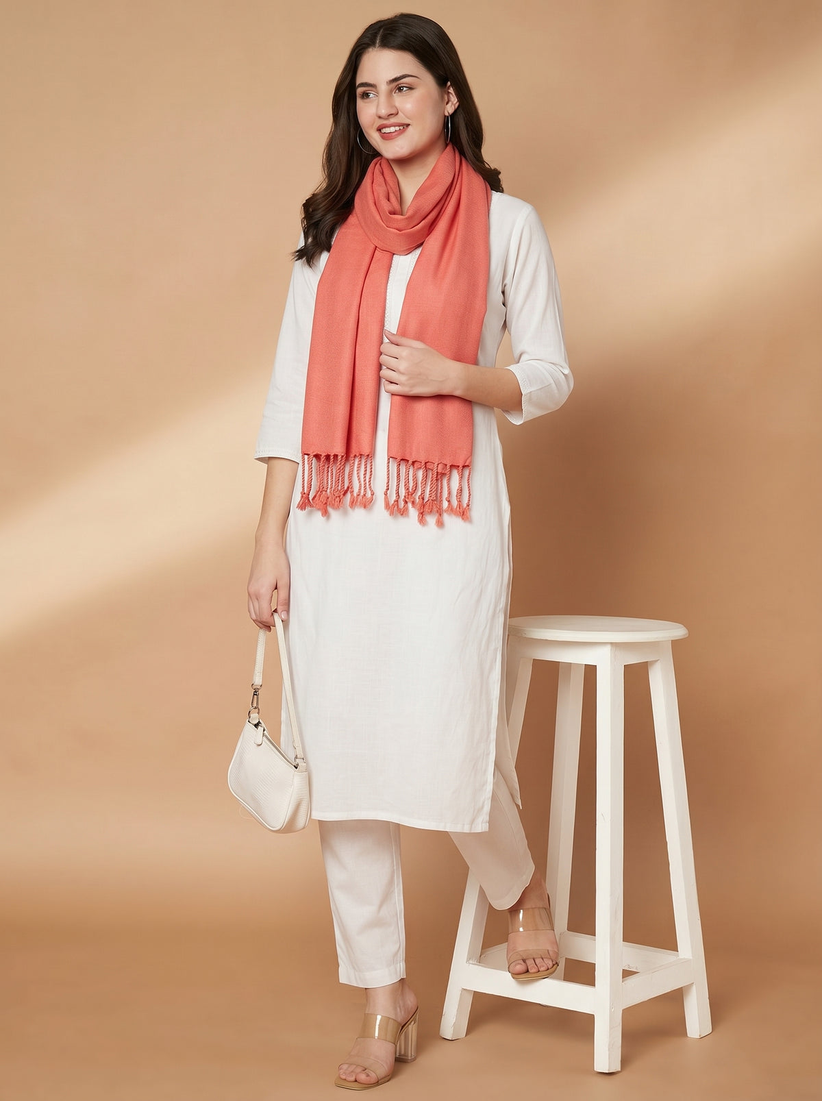 Plain Peach Woolen Stole for Women | Peach - view 5