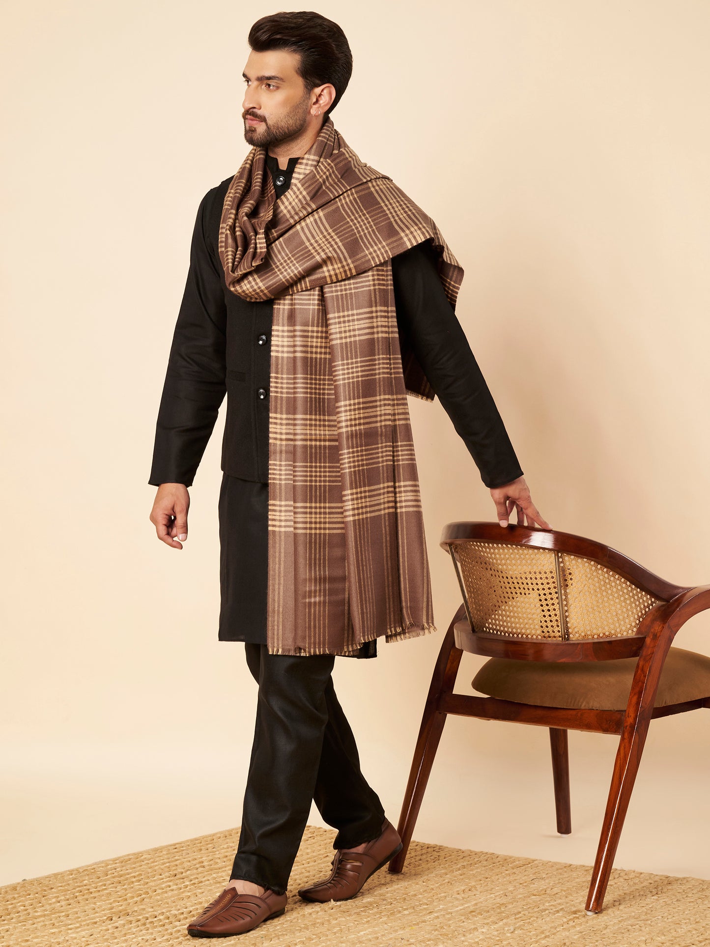 Men's Woollen Lohi Shawl | Brown Stripe Check - view 5
