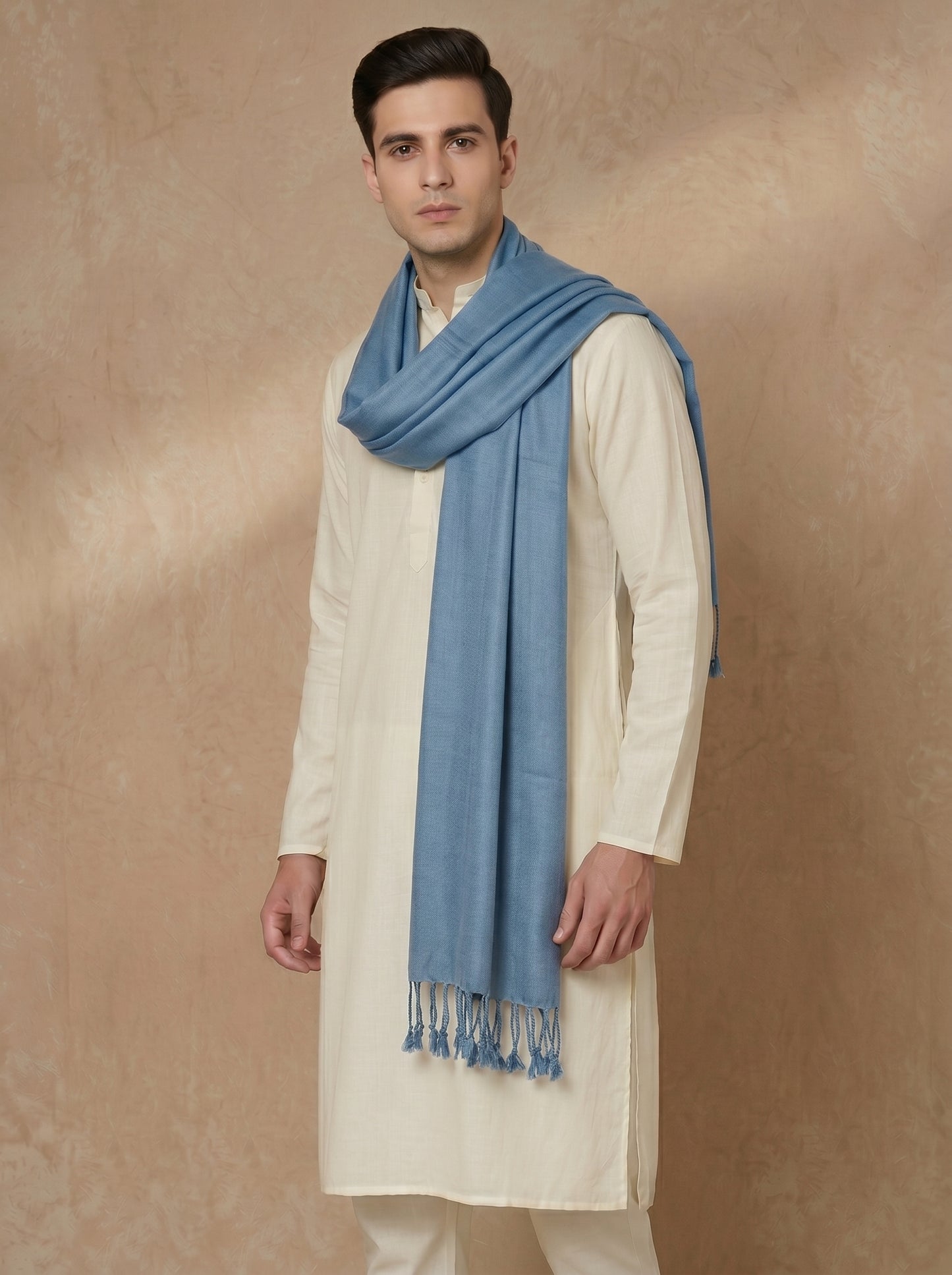 Men Lightweight Solid Color Warm Stole | Dark Sky Blue - view 5