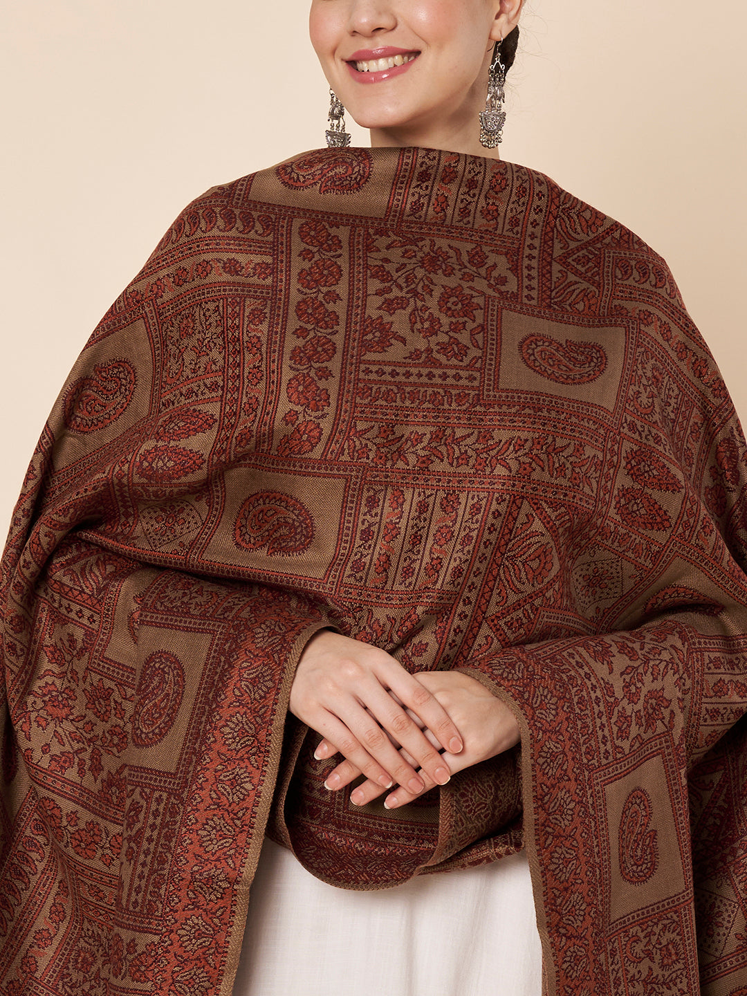 Woollen Kani Shawl with Intricate Kashmiri Paisley & Floral Woven Design | Brown