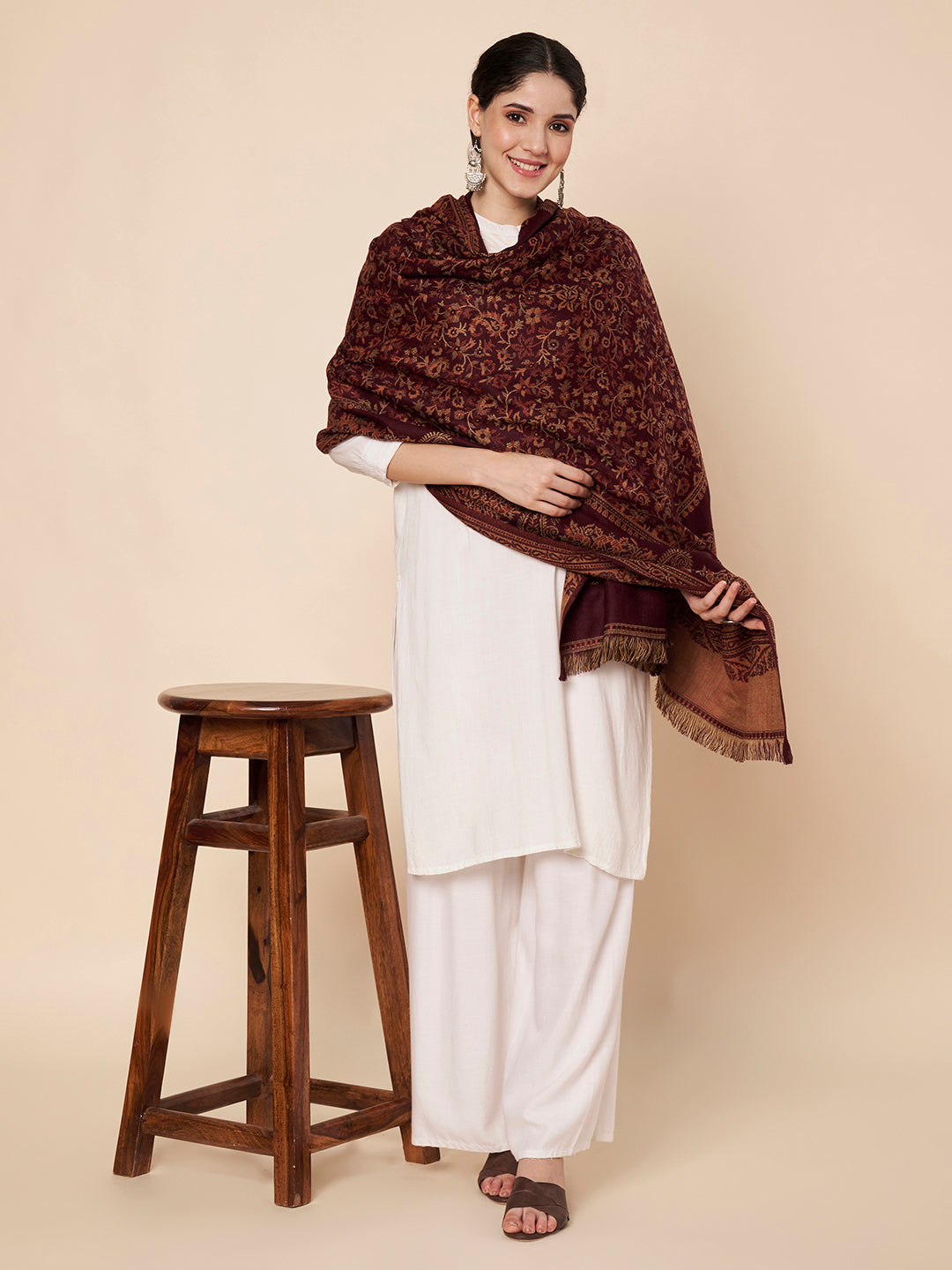 Woollen Kani Shawl with Traditional Kashmiri Floral & Paisley Woven Design | Maroon