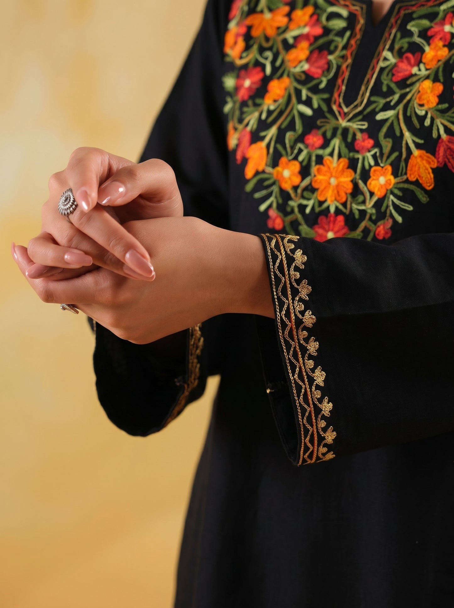 Women's Aari Floral Embroidered Woollen Kurta | Black - view 6