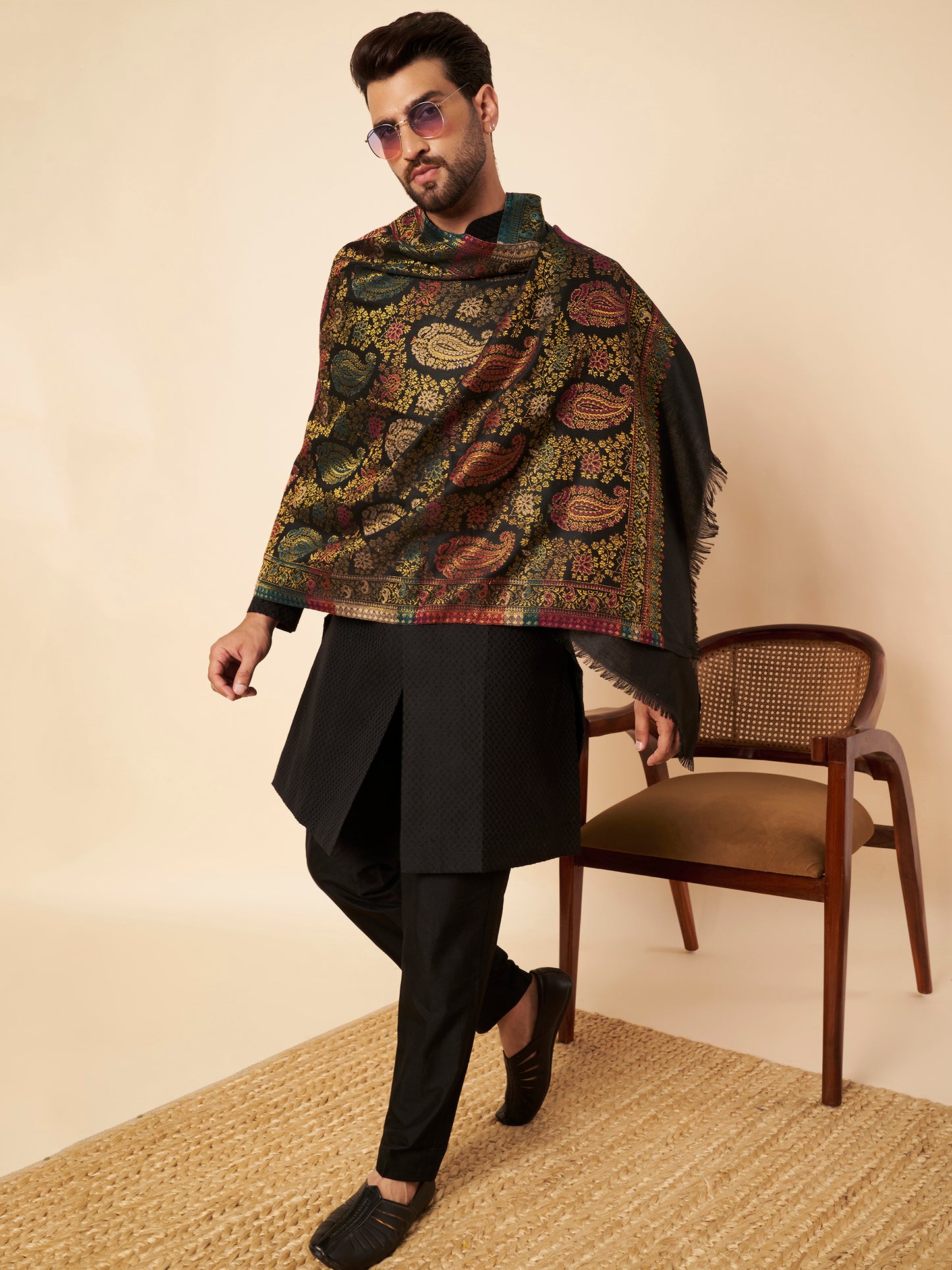 Multicolor Paisley Kani Weave with Zari Work | Black
