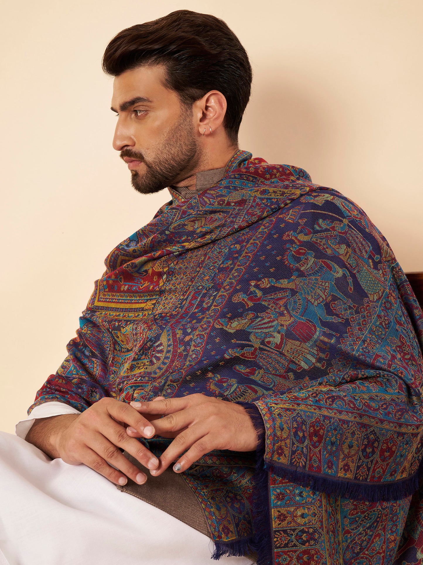 Kani Darbar Weave Soft Woolen Stole for Men | Blue