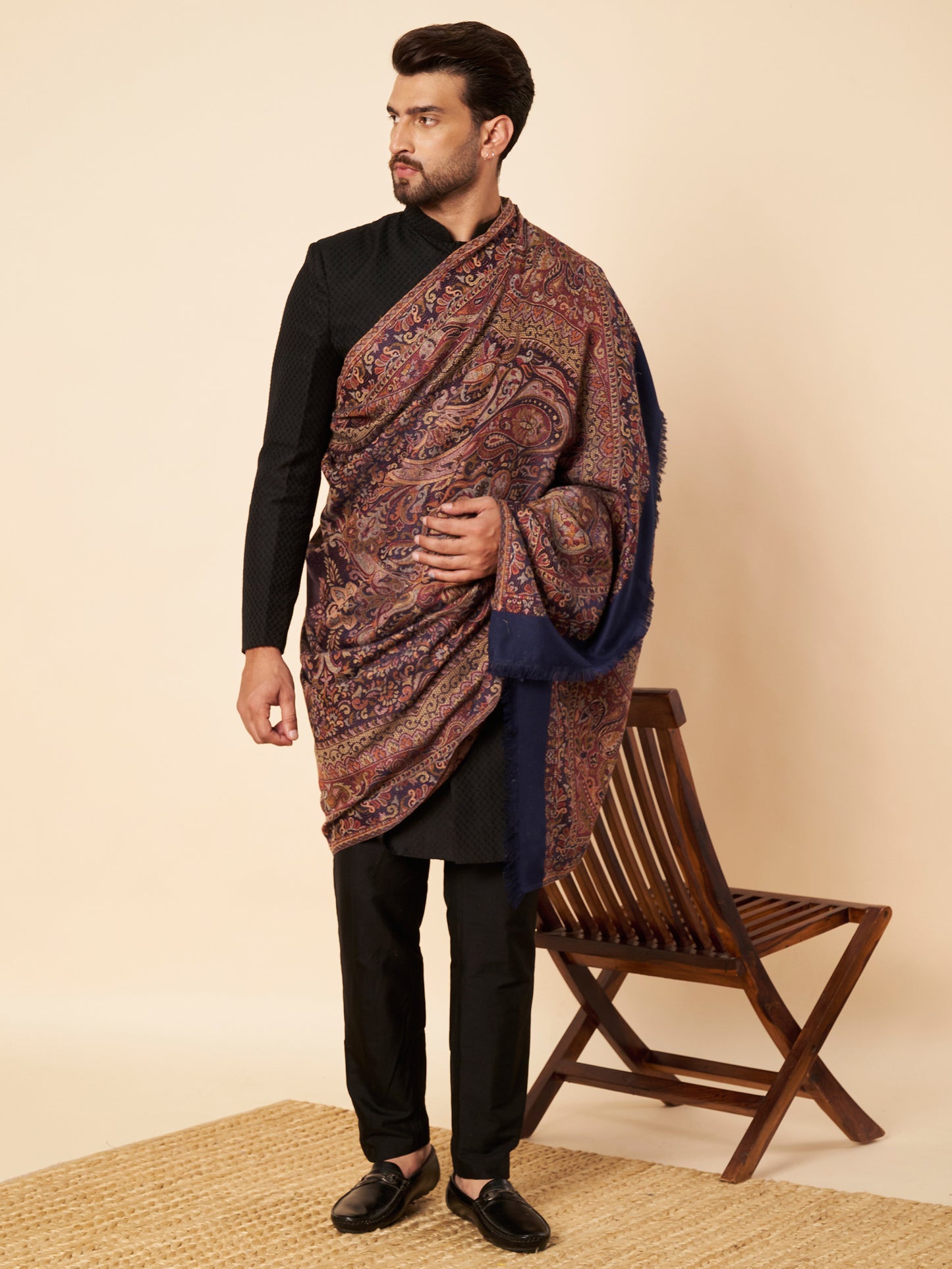 Warm Faux Pashmina Jacquard Woven Jamawar Mughal Shawl (Navy Blue)
