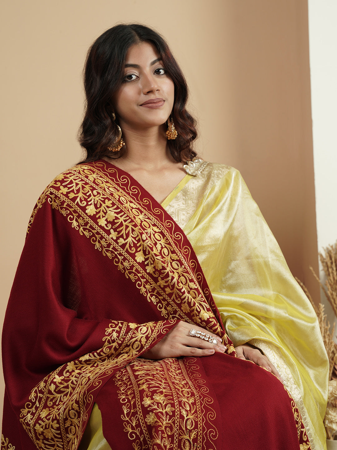 Floral Kashmiri Embroidery Warm Stole with Fringed Border | Red - view 4