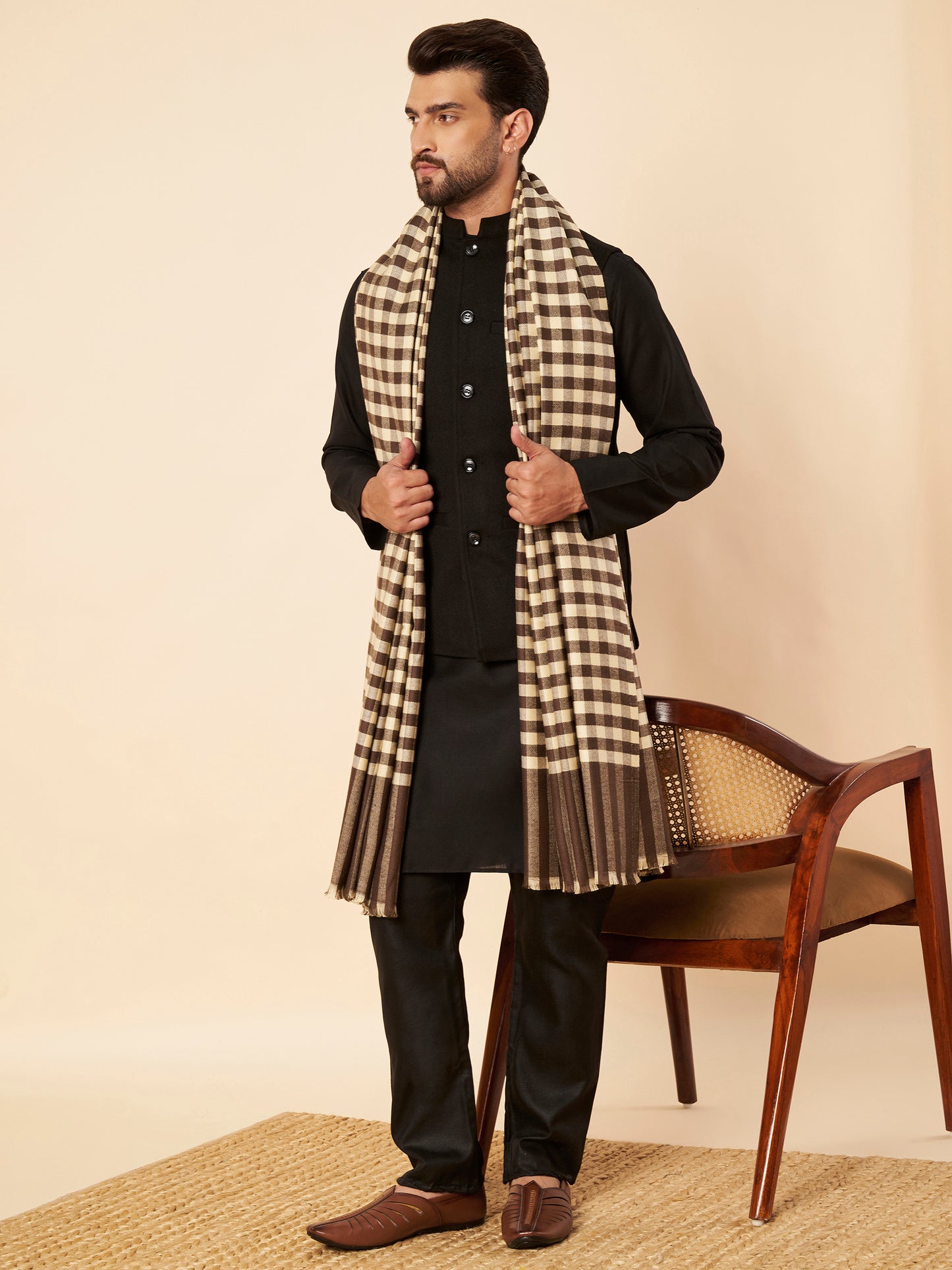 Men's Woollen Lohi Shawl | Brown White Check
