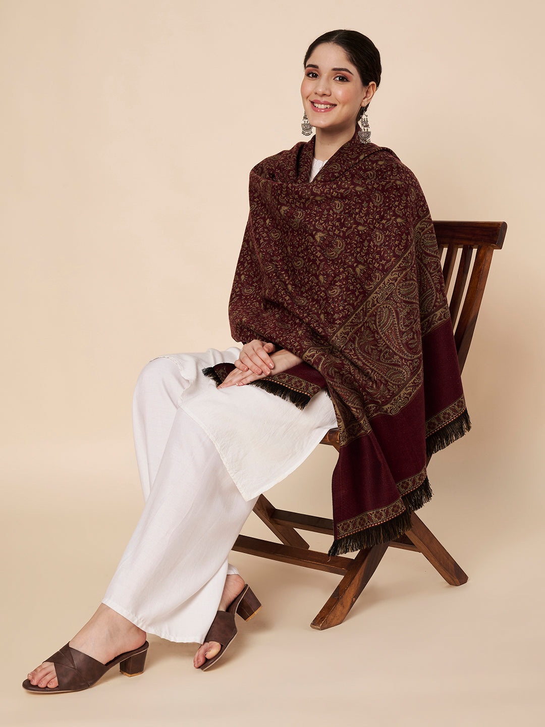 Woollen Kani Shawl with Intricate Kashmiri Paisley & Floral Woven Design | Maroon