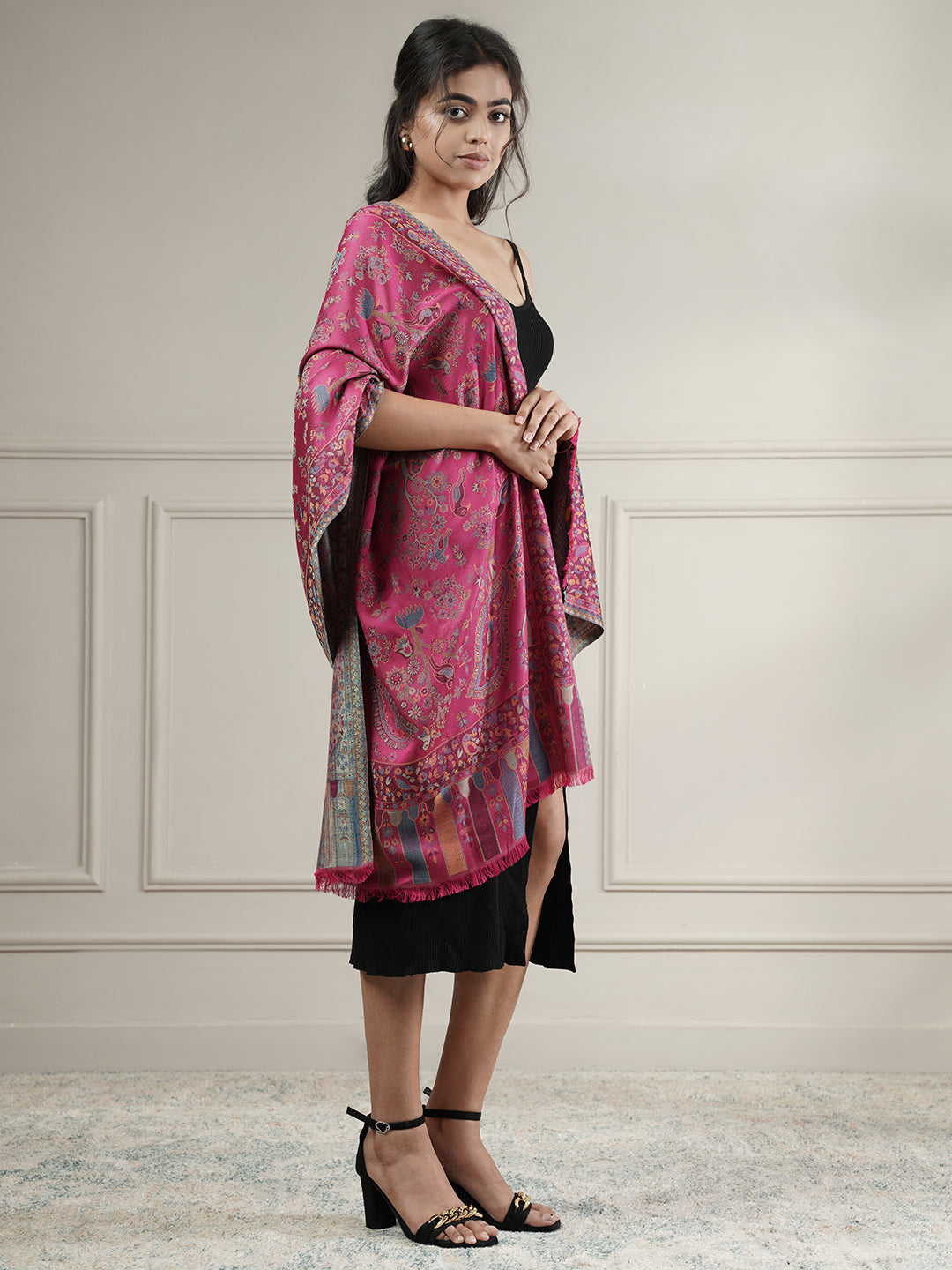 Kani Floral Weave Soft Woolen Stole for Women | Magenta - view 4