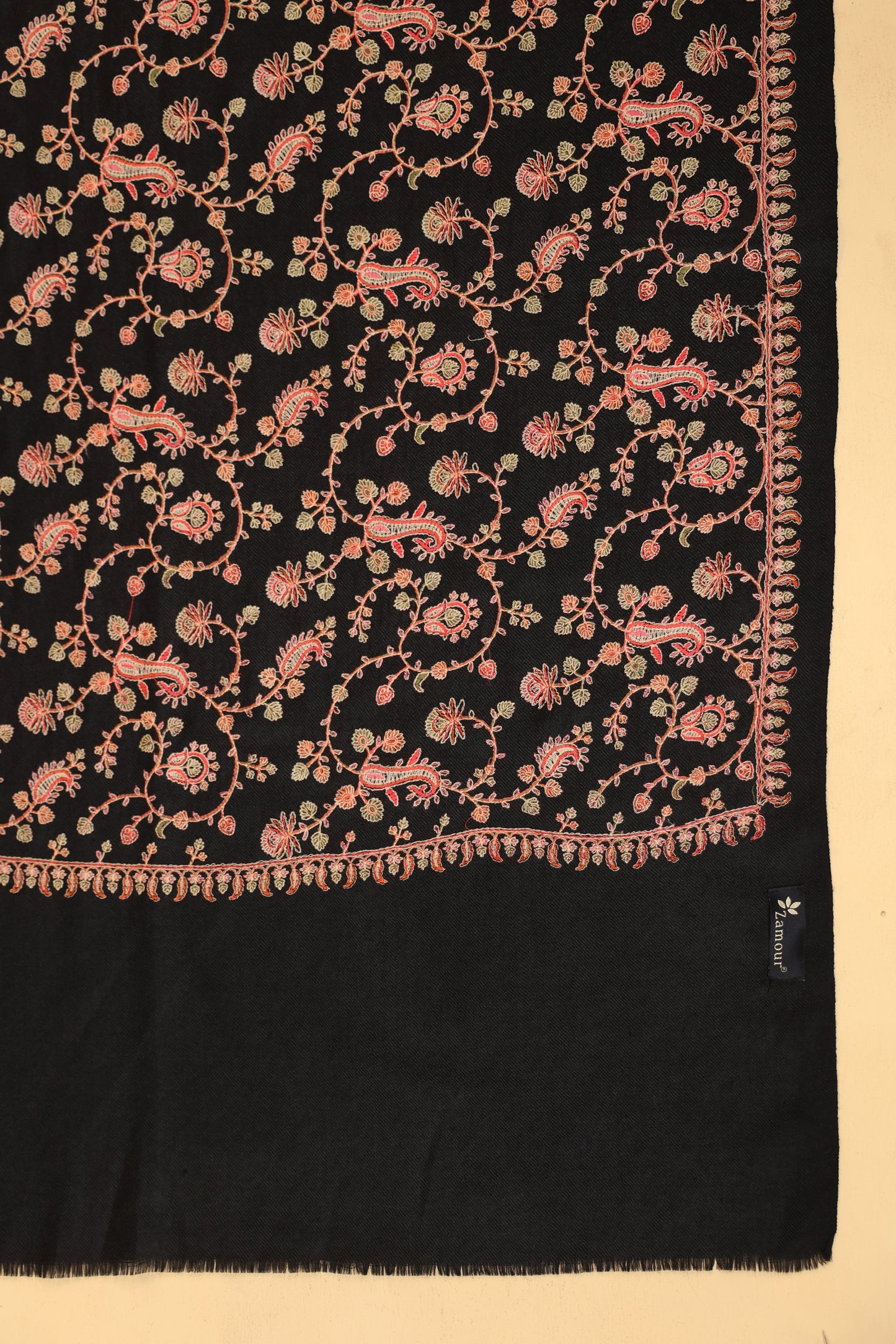 Kashmiri Sozni Floral Embroidery Shawl | Black