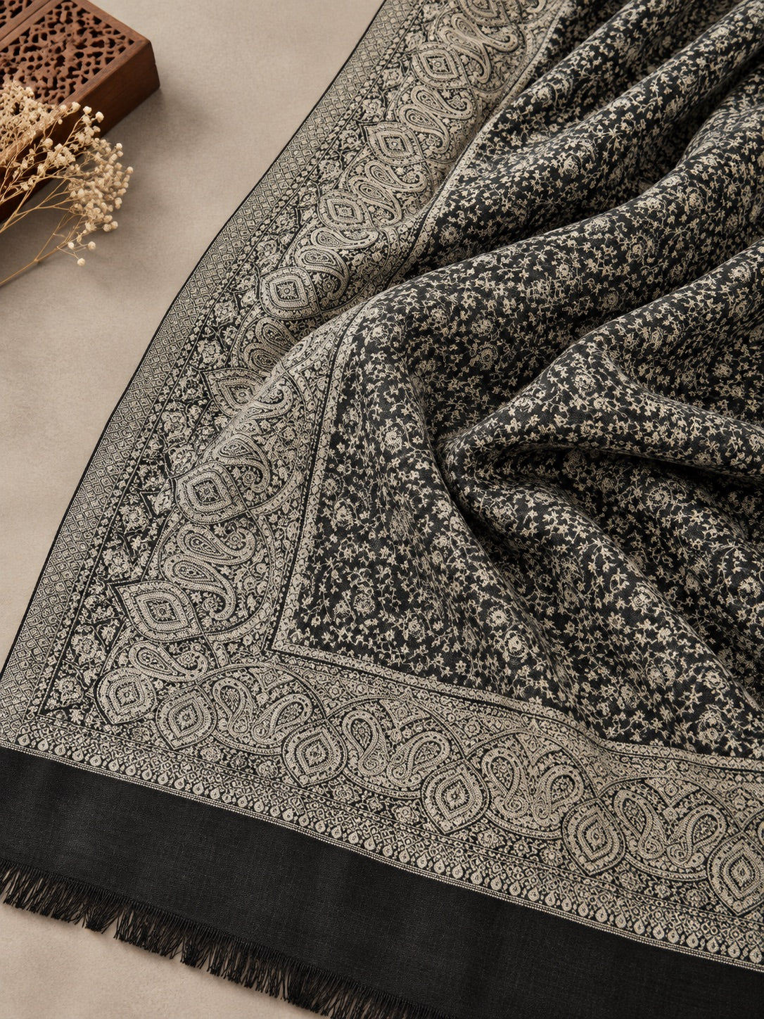 Floral All-over Kani Weave Woolen Stole for Men with Paisley Border | Black - view 4