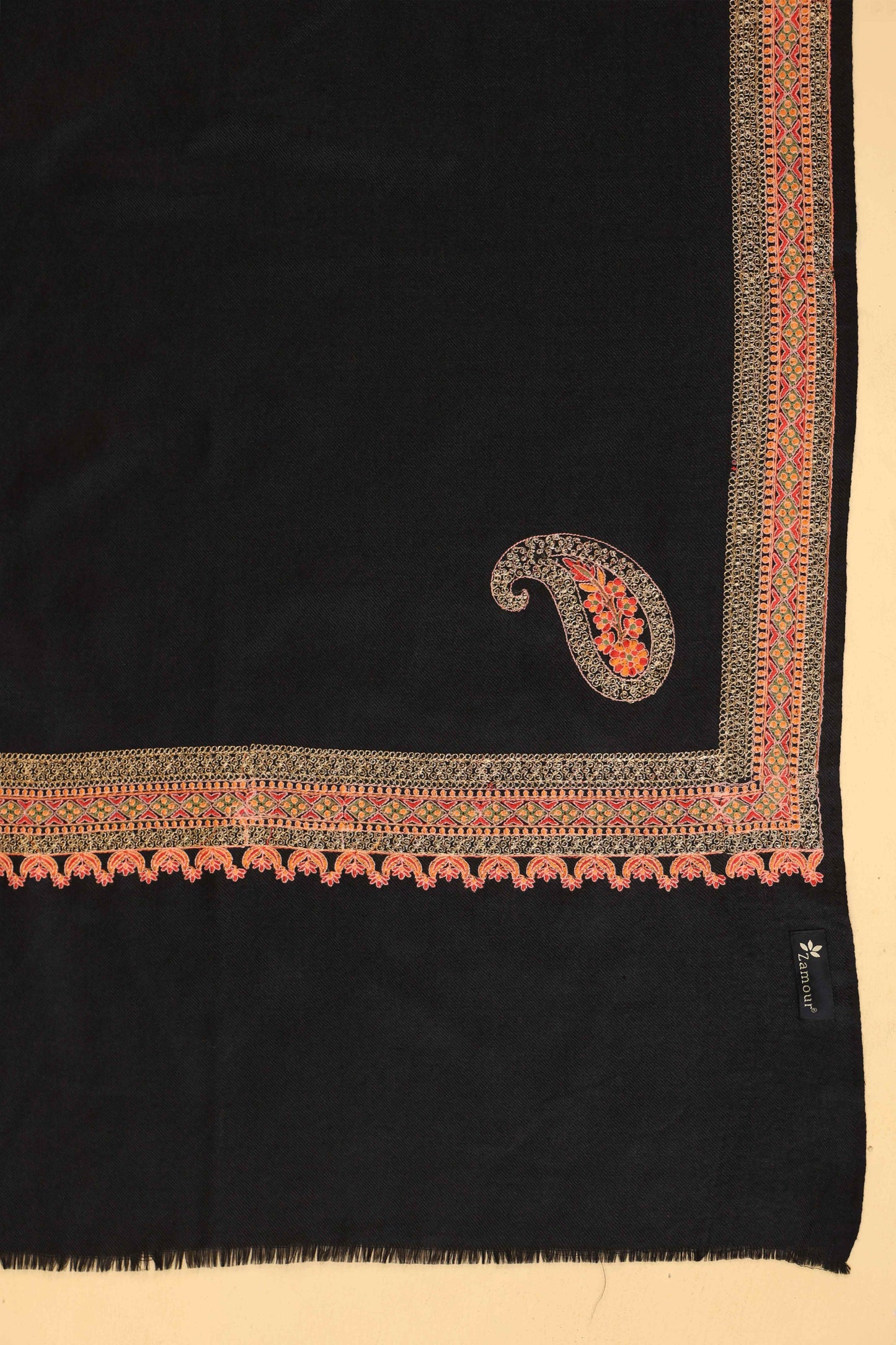 Kashmiri Sozni Zari Embroidery Shawl | Black