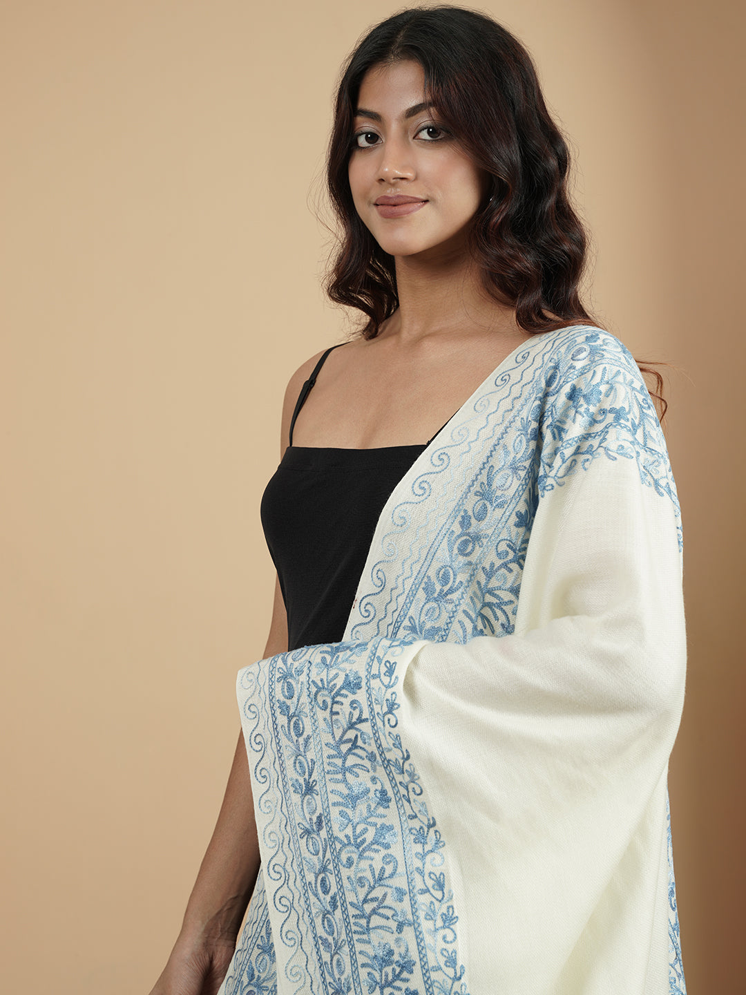 Floral Kashmiri Embroidery Warm Stole with Fringed Border | White - view 4