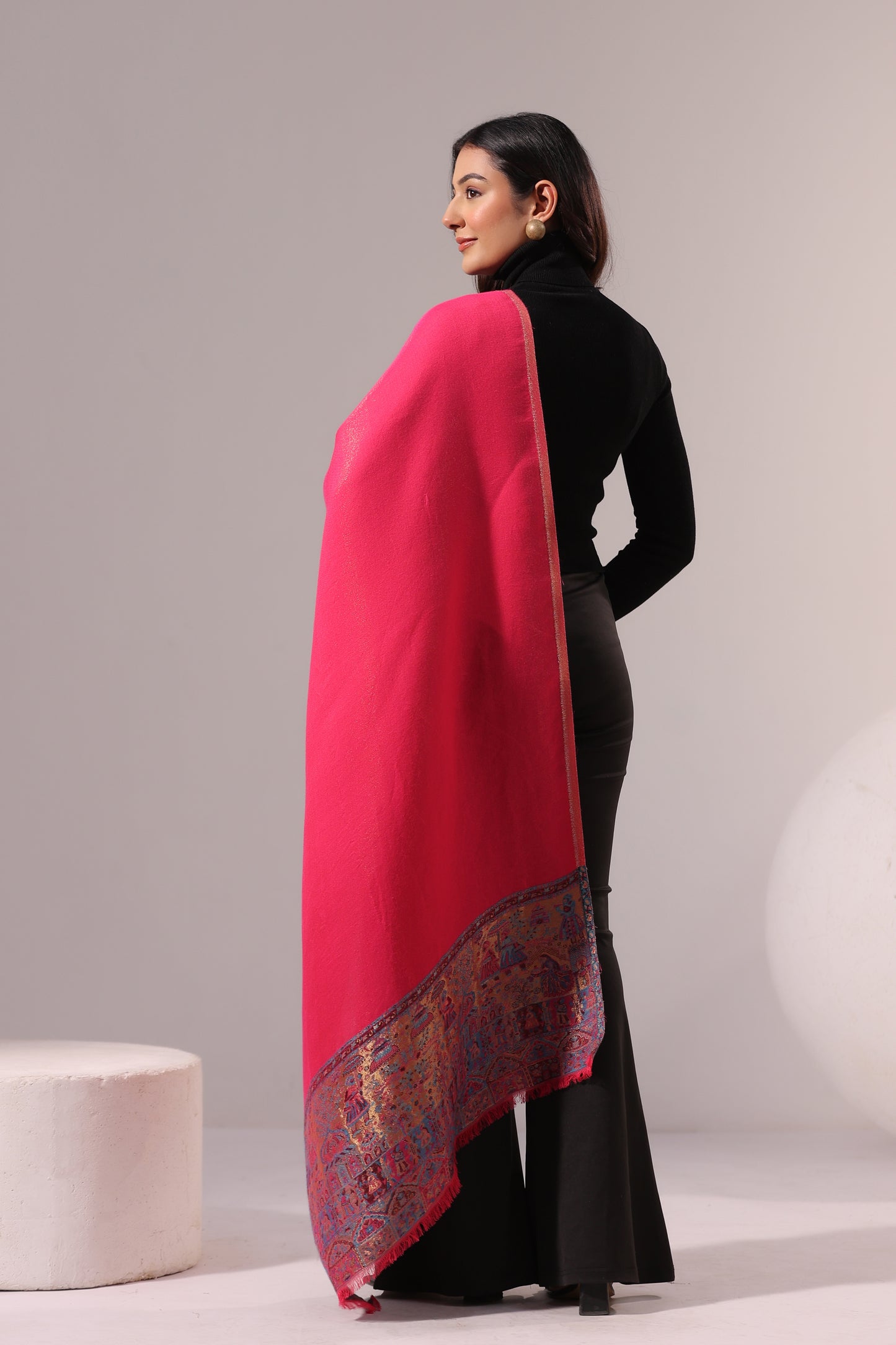 Women’s Premium Kani Woven Shawl with Zari Sheen | Pink Orange