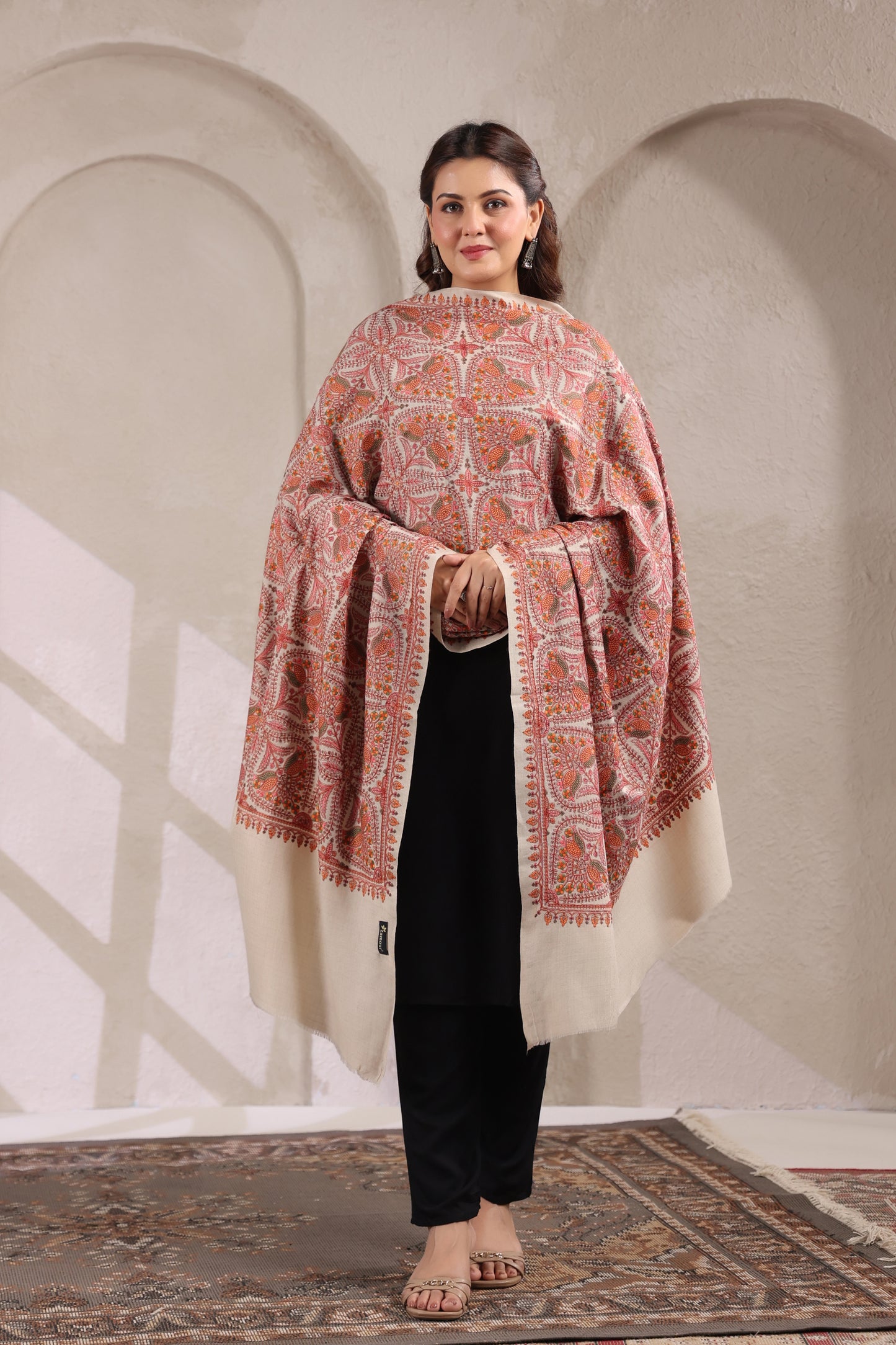 Pure Wool Shawl with All-over Floral Multicolour Sozni Embroidery - view 4