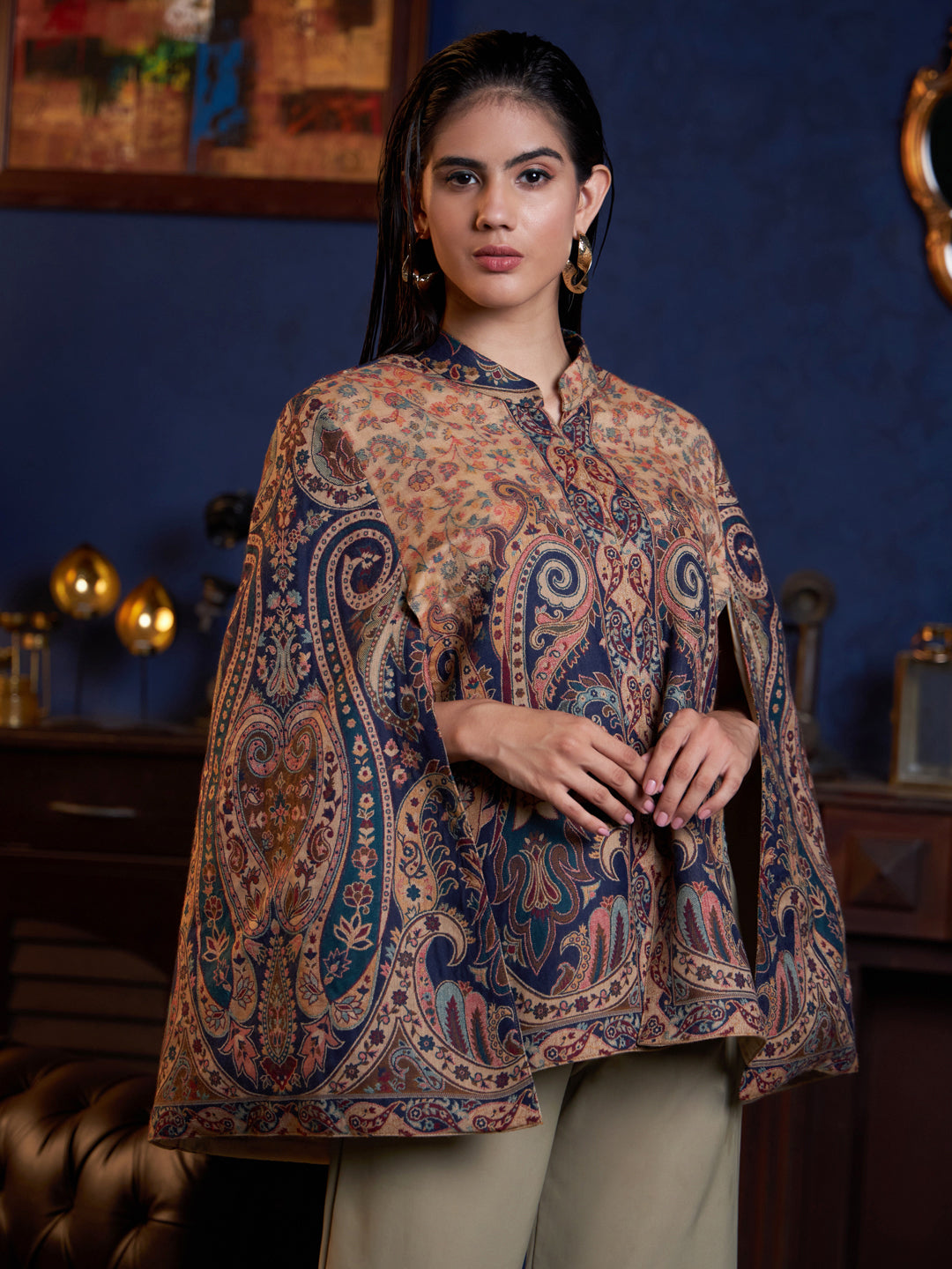 Woven Jamawar Designer Luxury Cape Jacket for Women Blue – Zamour