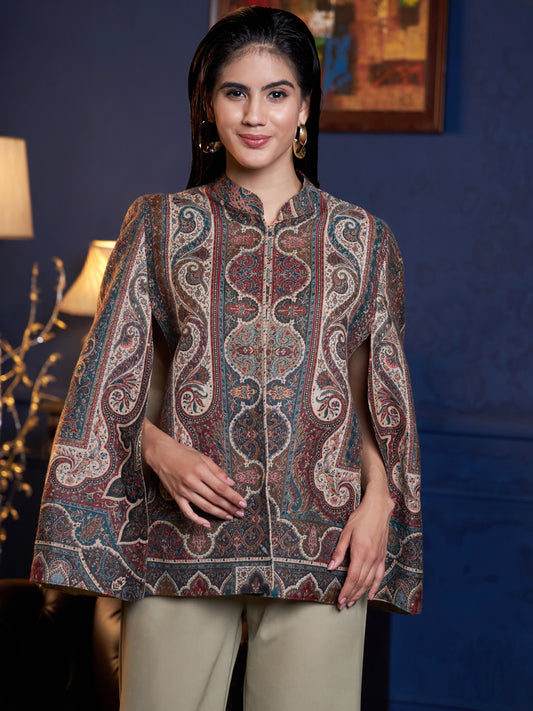 Woven Jamawar Designer Luxury Cape Jacket for Women | Multicolor