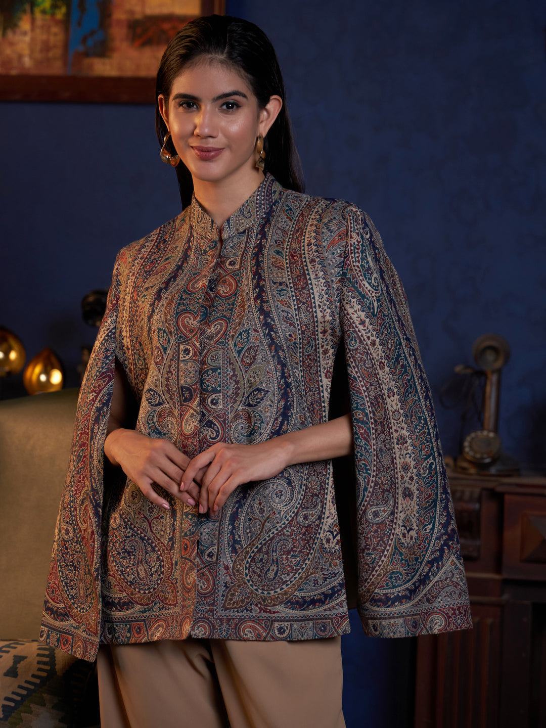 Woven Jamawar Designer Luxury Cape Jacket for Women | Multicolor