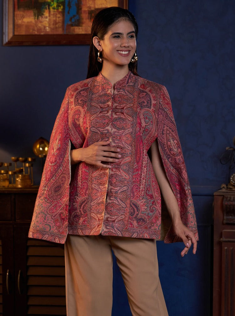 Woven Jamawar Designer Luxury Cape Jacket for Women | Pink