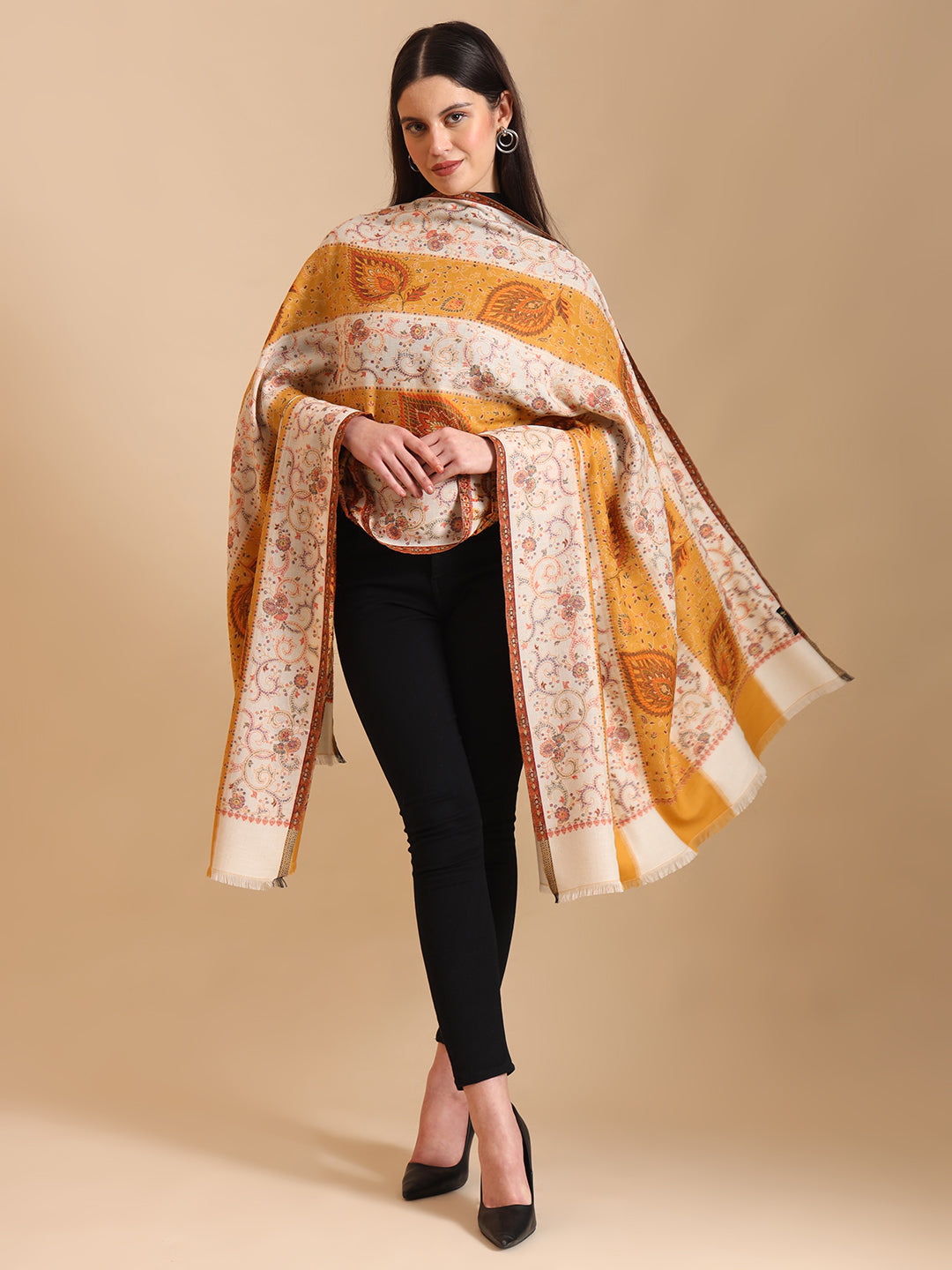 Two Tone Kani Weave Floral Motif Pure Wool Shawl For Women | Yellow White