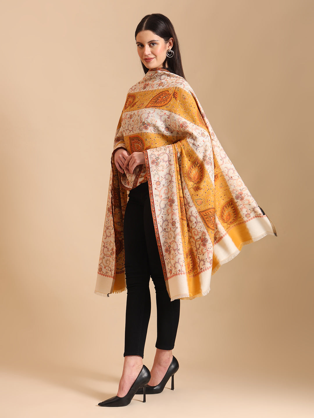 Two Tone Kani Weave Floral Motif Pure Wool Shawl For Women | Yellow White