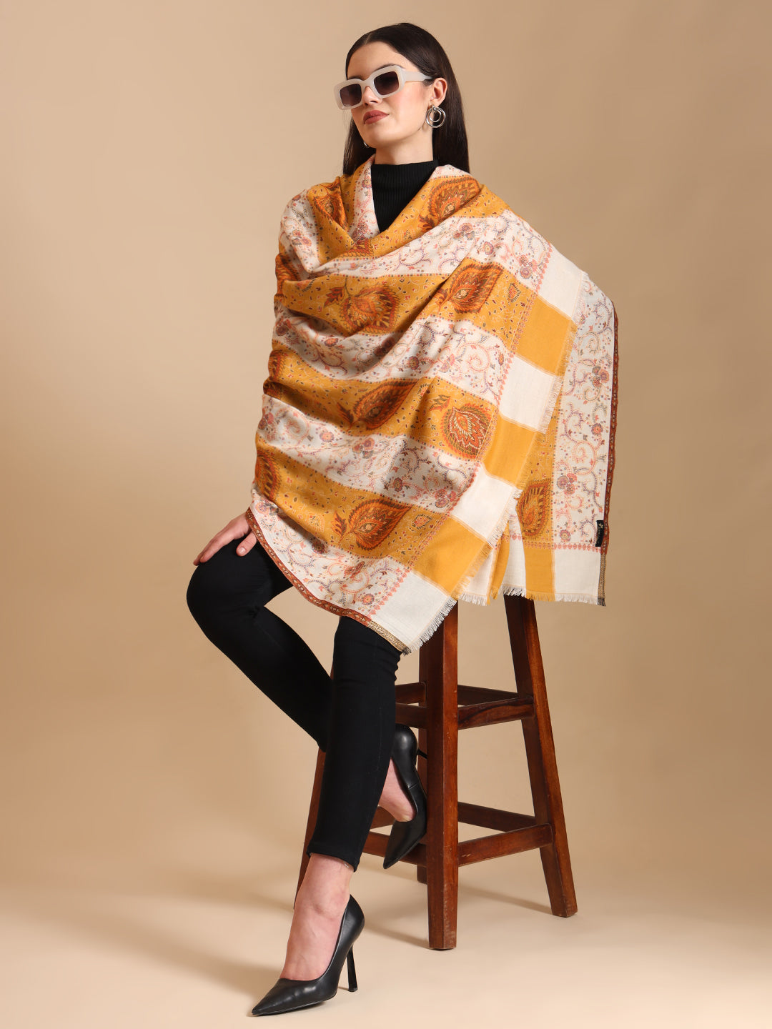 Two Tone Kani Weave Floral Motif Pure Wool Shawl For Women | Yellow White