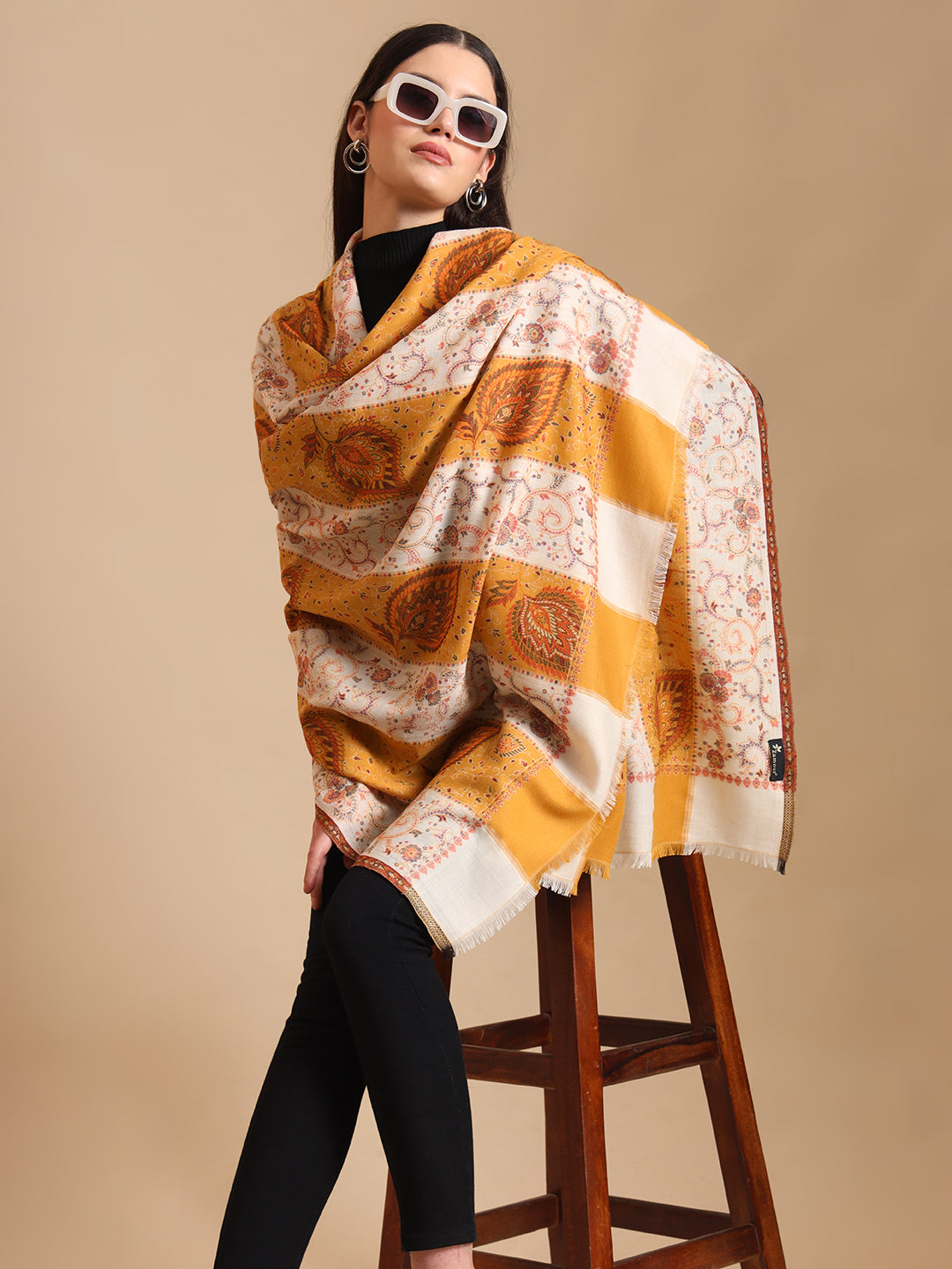 Two Tone Kani Weave Floral Motif Pure Wool Shawl For Women | Yellow White