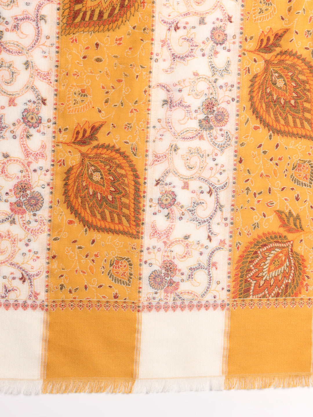 Two Tone Kani Weave Floral Motif Pure Wool Shawl For Women | Yellow White