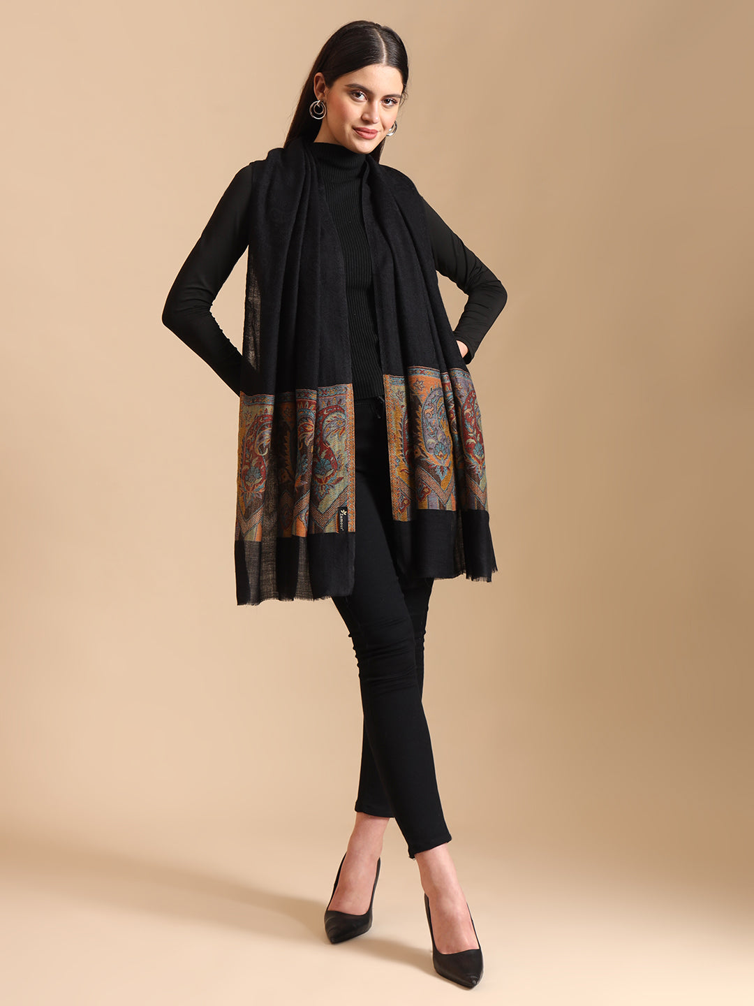 Women Pure Wool Kani Weave Soft Touch Stole | Black