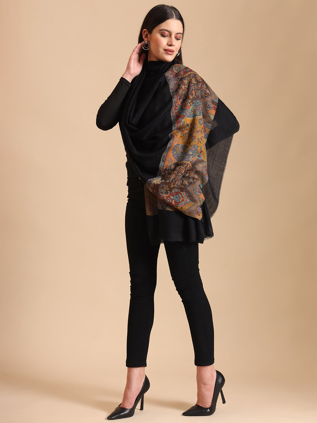 Women Pure Wool Kani Weave Soft Touch Stole | Black