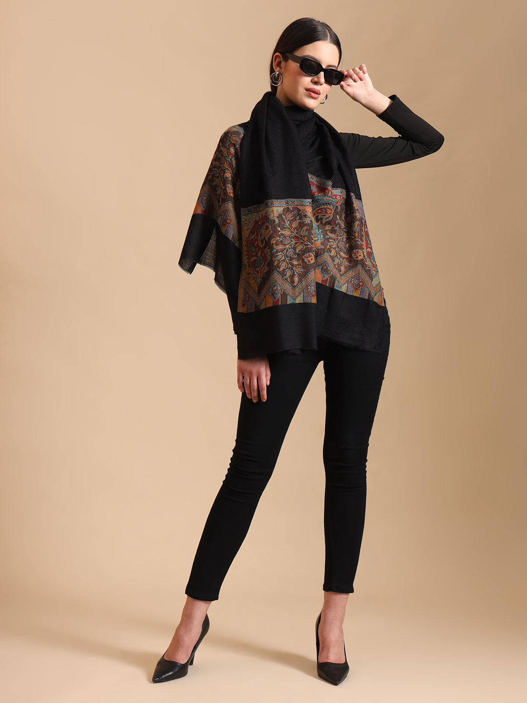 Women Pure Wool Kani Weave Soft Touch Stole | Black
