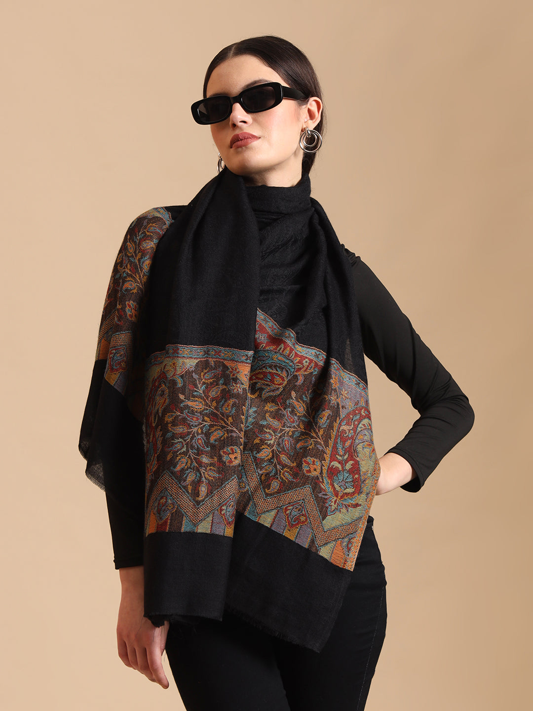 Women Pure Wool Kani Weave Soft Touch Stole | Black