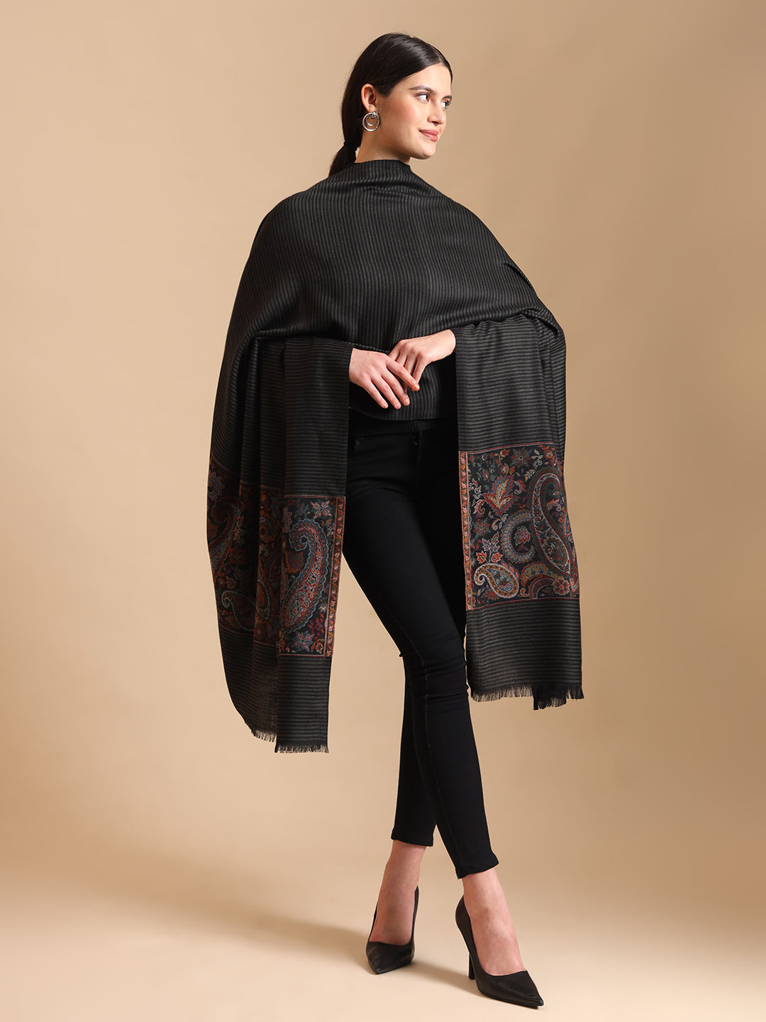 Kani Weave Striped Pure Wool Shawl Paisley Borders for Women | Black