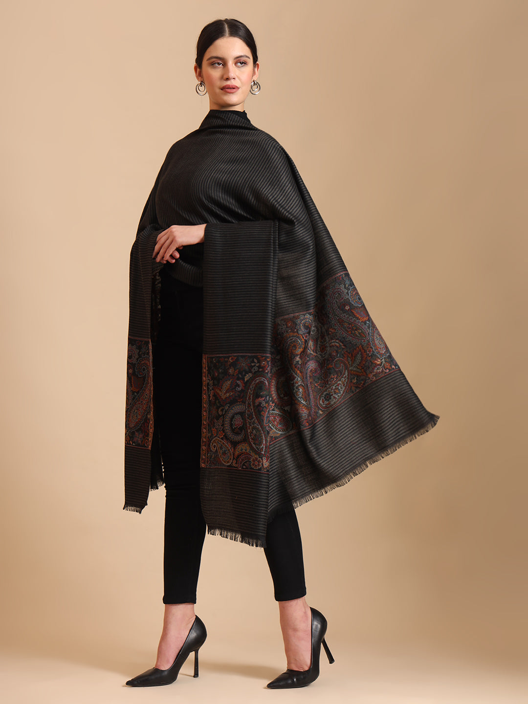 Kani Weave Striped Pure Wool Shawl Paisley Borders for Women | Black