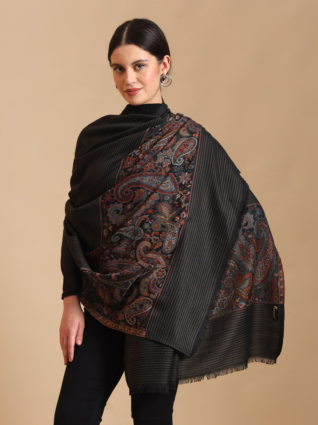 Kani Weave Striped Pure Wool Shawl Paisley Borders for Women | Black