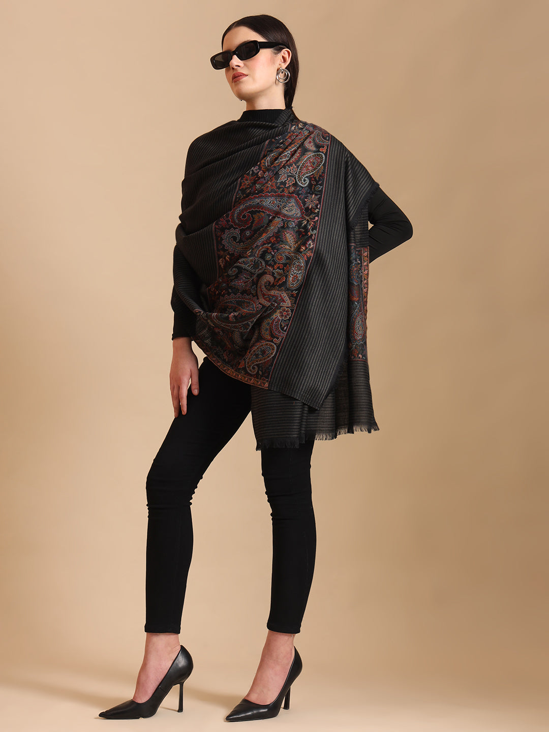 Kani Weave Striped Pure Wool Shawl Paisley Borders for Women | Black