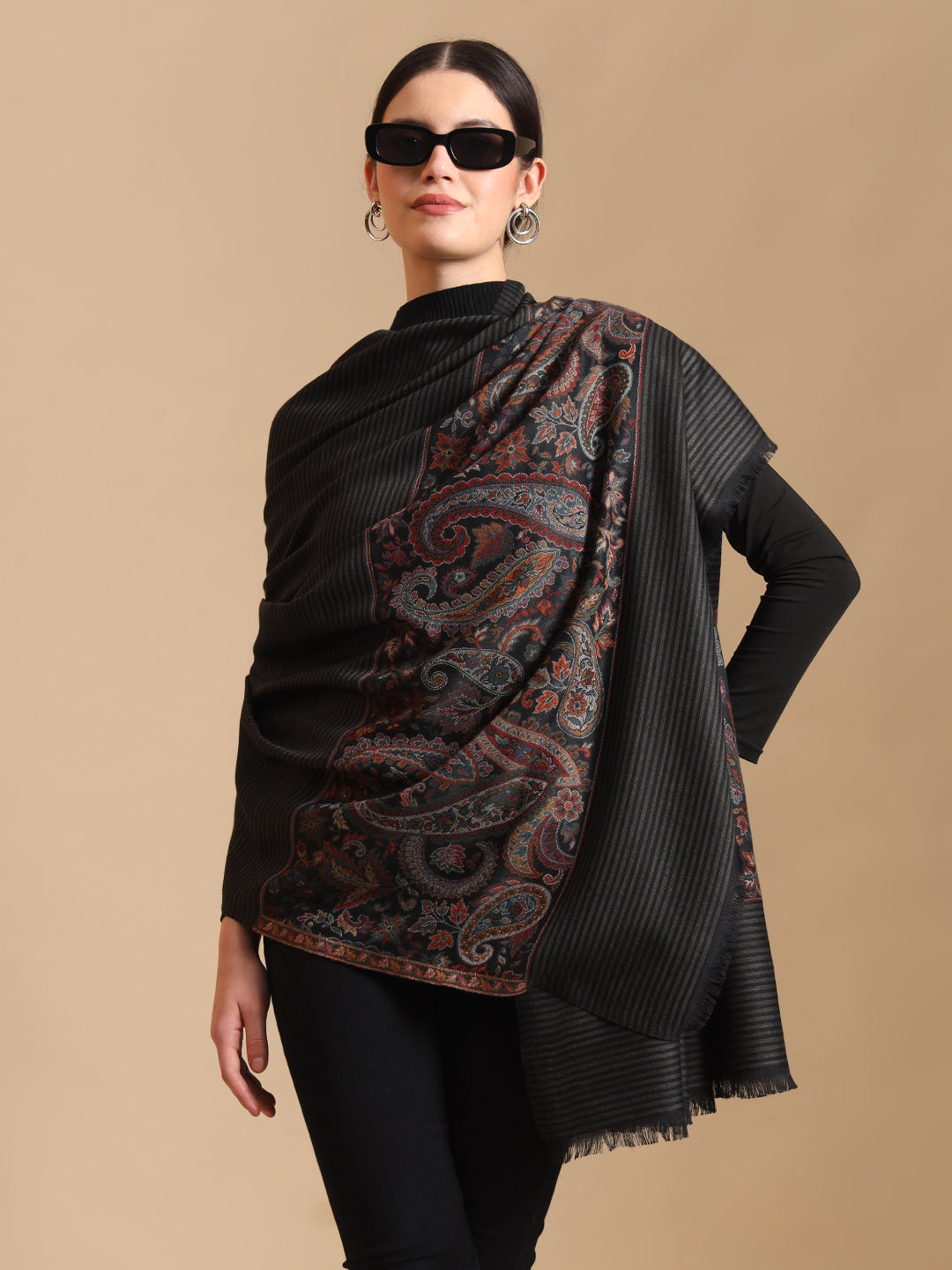 Kani Weave Striped Pure Wool Shawl Paisley Borders for Women | Black