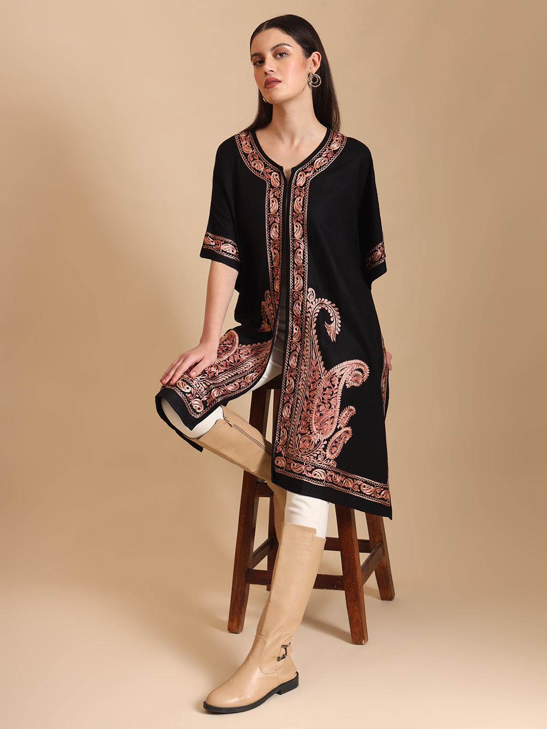 Kashmiri Embroidery Black Pheran Shrug