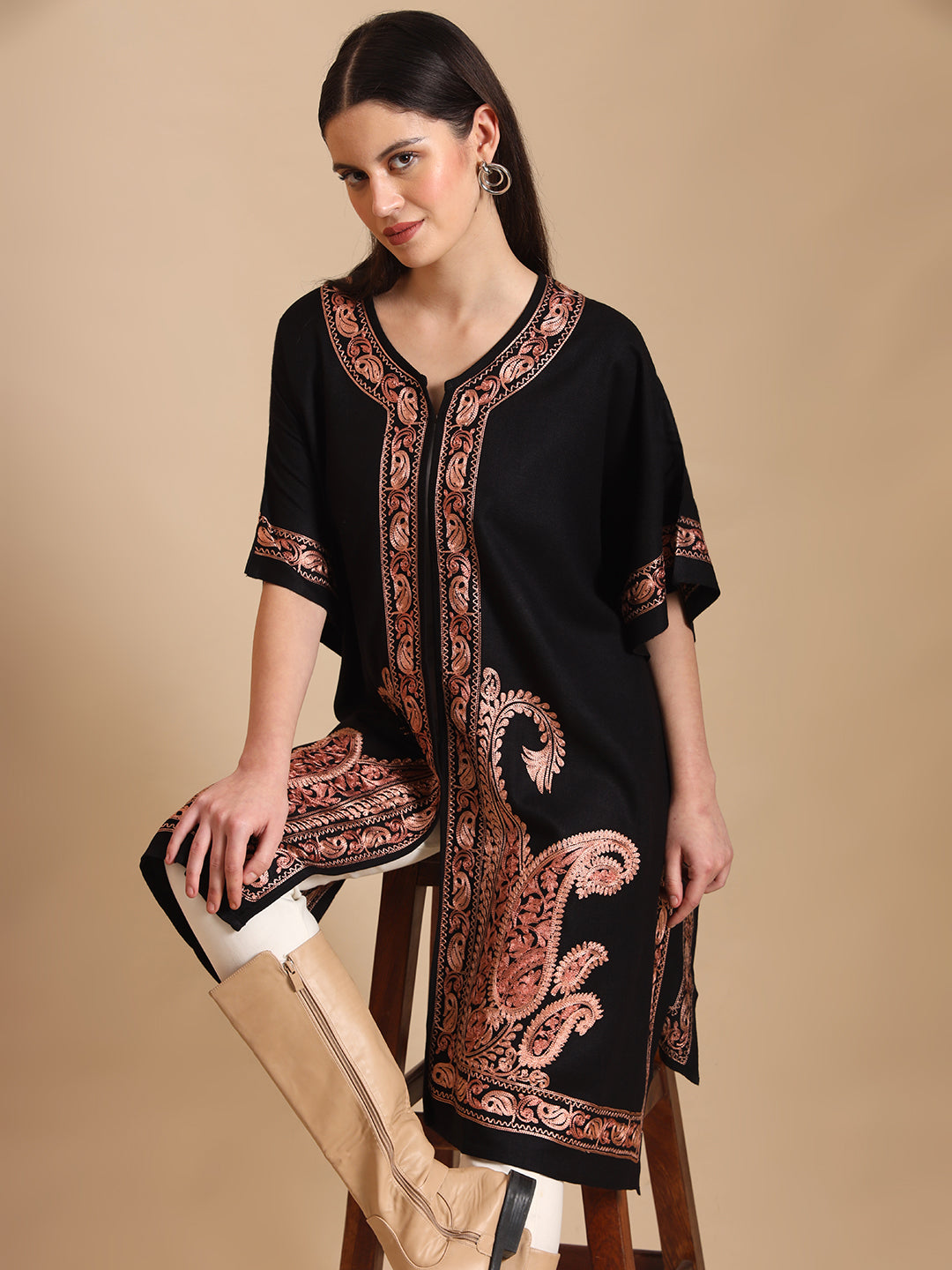 Kashmiri Embroidery Black Pheran Shrug