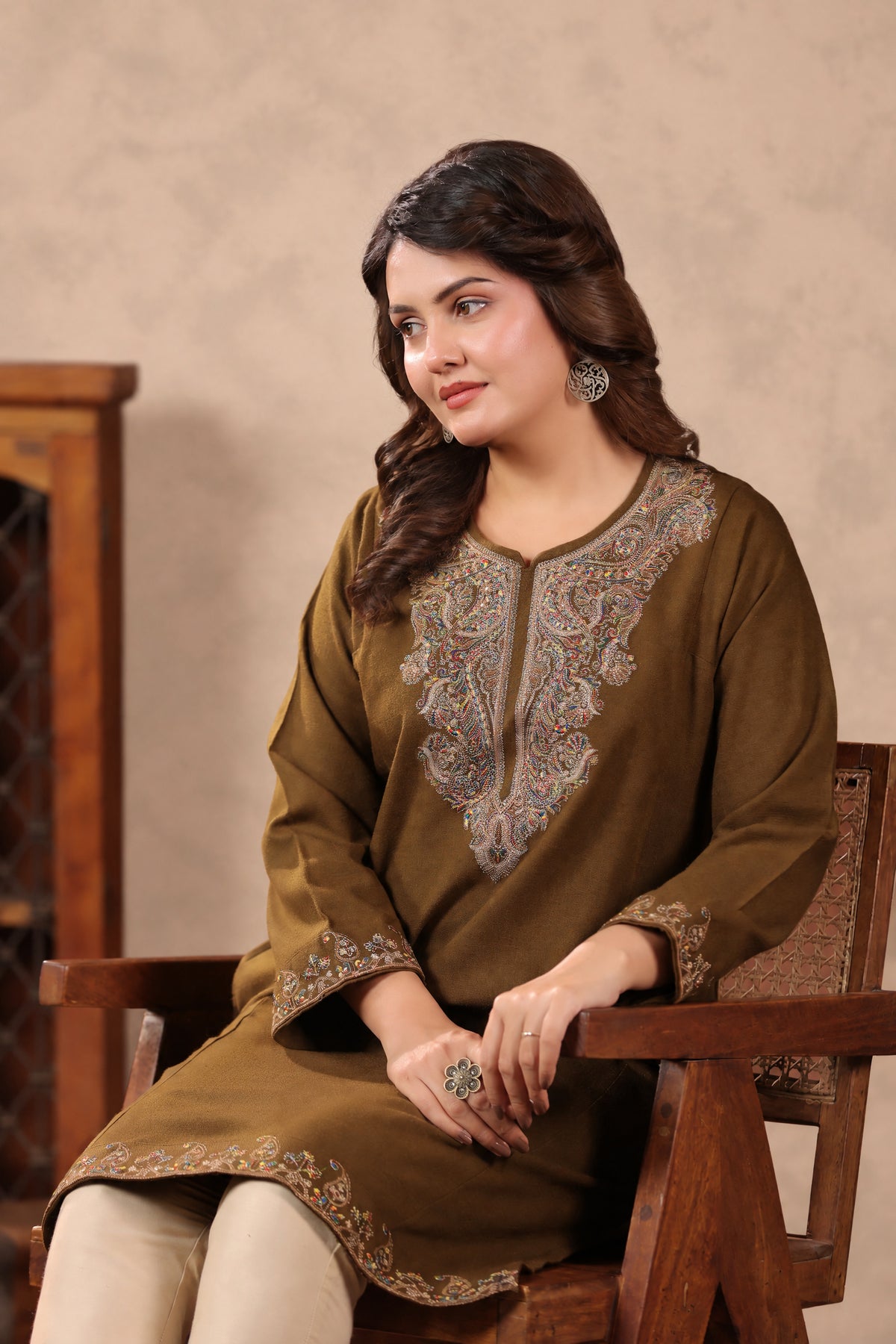 Zari & Multicolor Embroidery Kashmiri Pheran | Tobacco Brown - view 10
