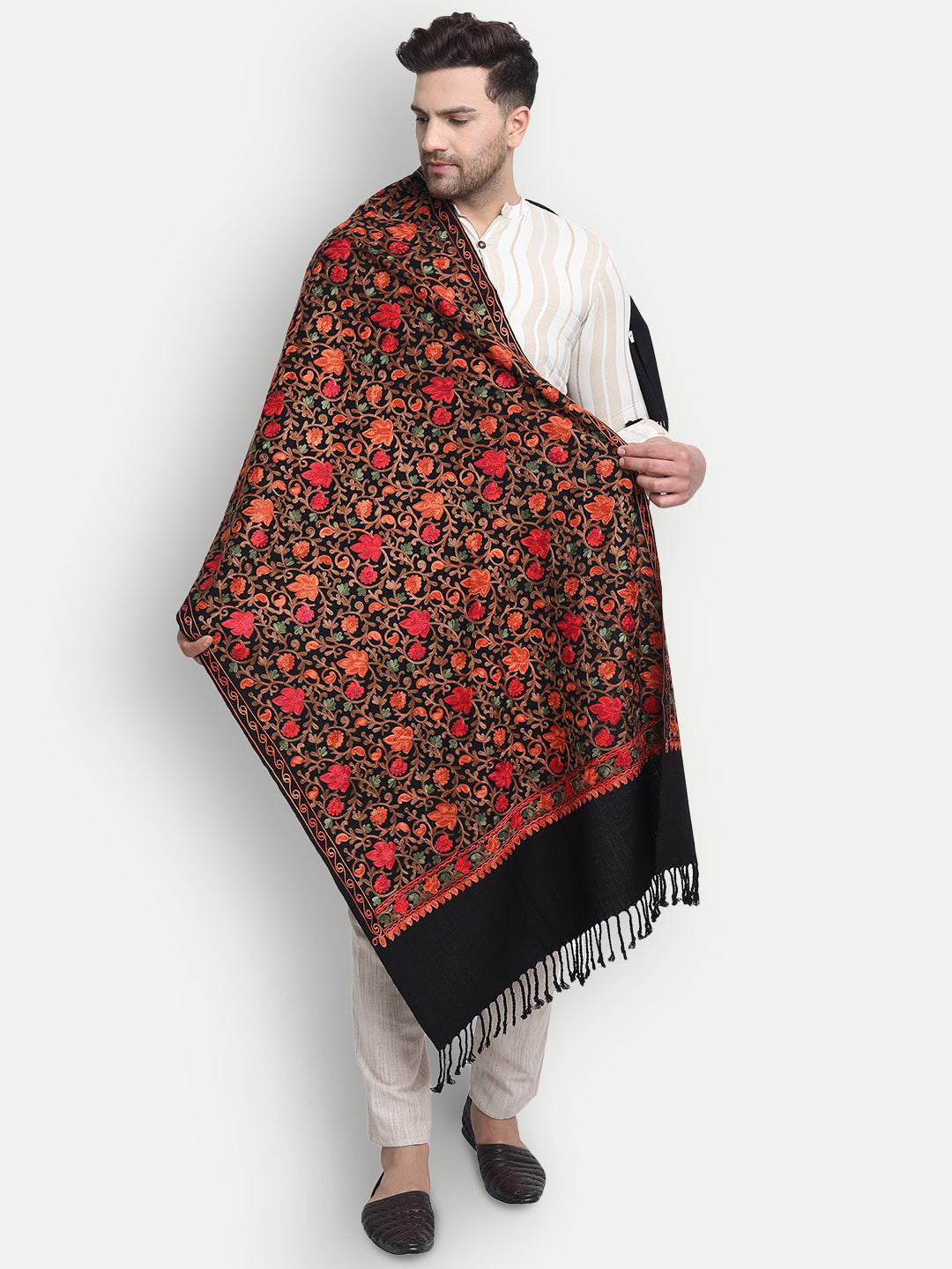 Punjabi Stole with Kashmiri Aari Jaal Embroidery | Black