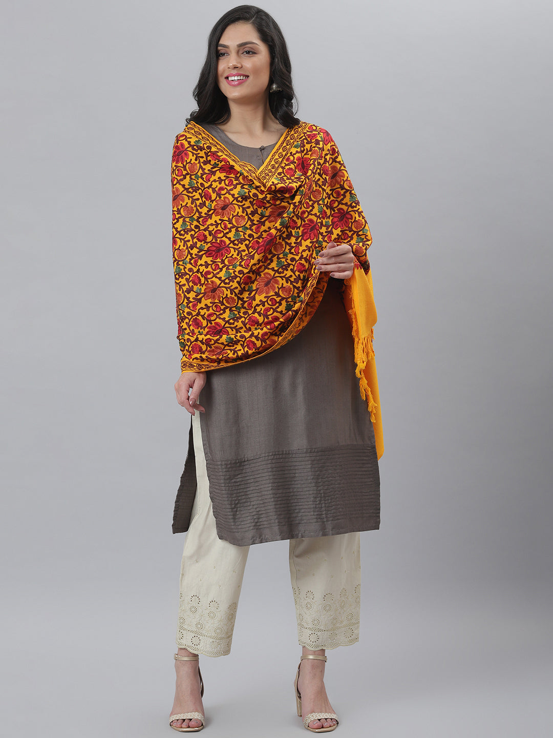 Kashmiri Aari Embroidery Woollen Stole | Yellow
