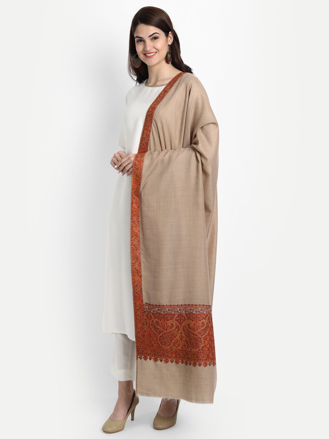 Fine Embroidery Paper Mache Daur Kashmiri Wool Shawl | Beige - Zamour
