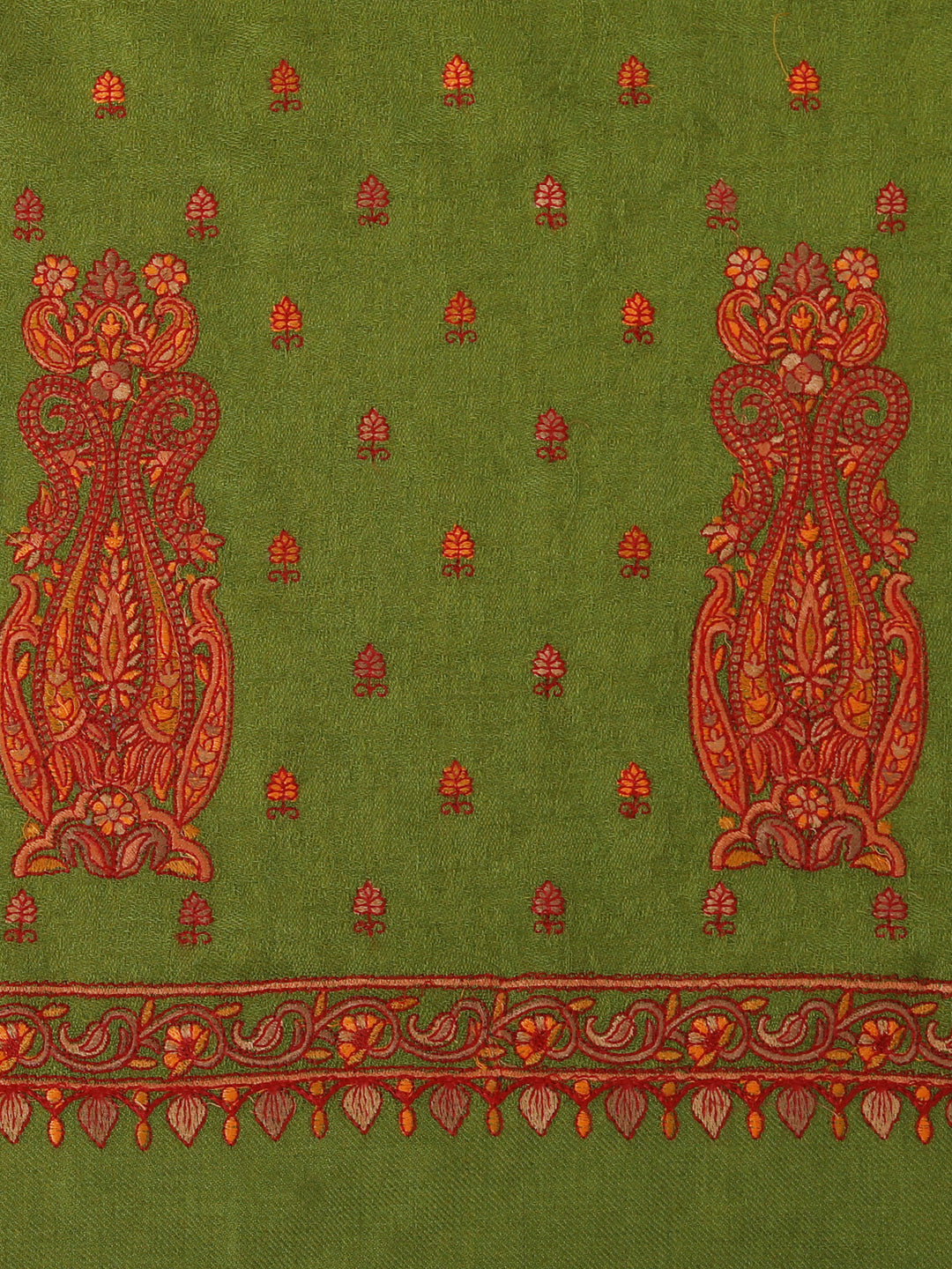 Fine Embroidery Paper Mache Kashmiri Wool Stole | Olive Green - Zamour