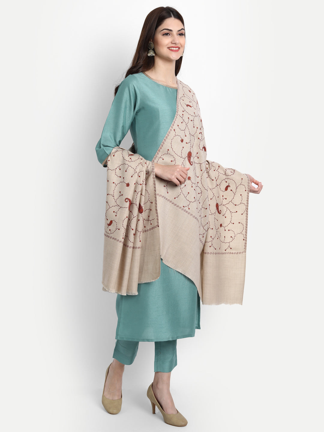 Fine Sozni Embroidery Jaal Kashmiri Wool Shawl | Beige - Zamour