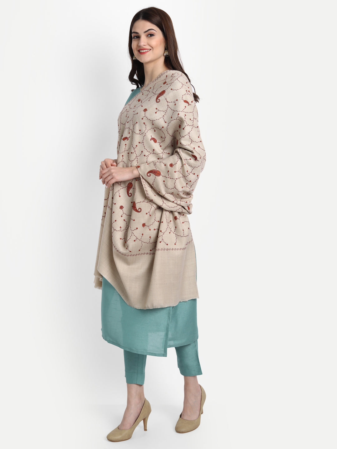 Fine Sozni Embroidery Jaal Kashmiri Wool Shawl | Beige - Zamour