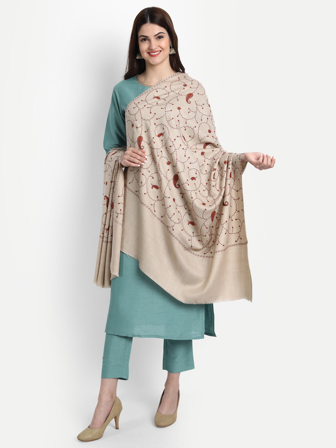Fine Sozni Embroidery Jaal Kashmiri Wool Shawl | Beige - Zamour