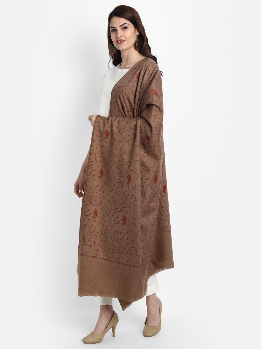Fine Sozni Embroidery Jaal Kashmiri Wool Shawl | Brown - Zamour