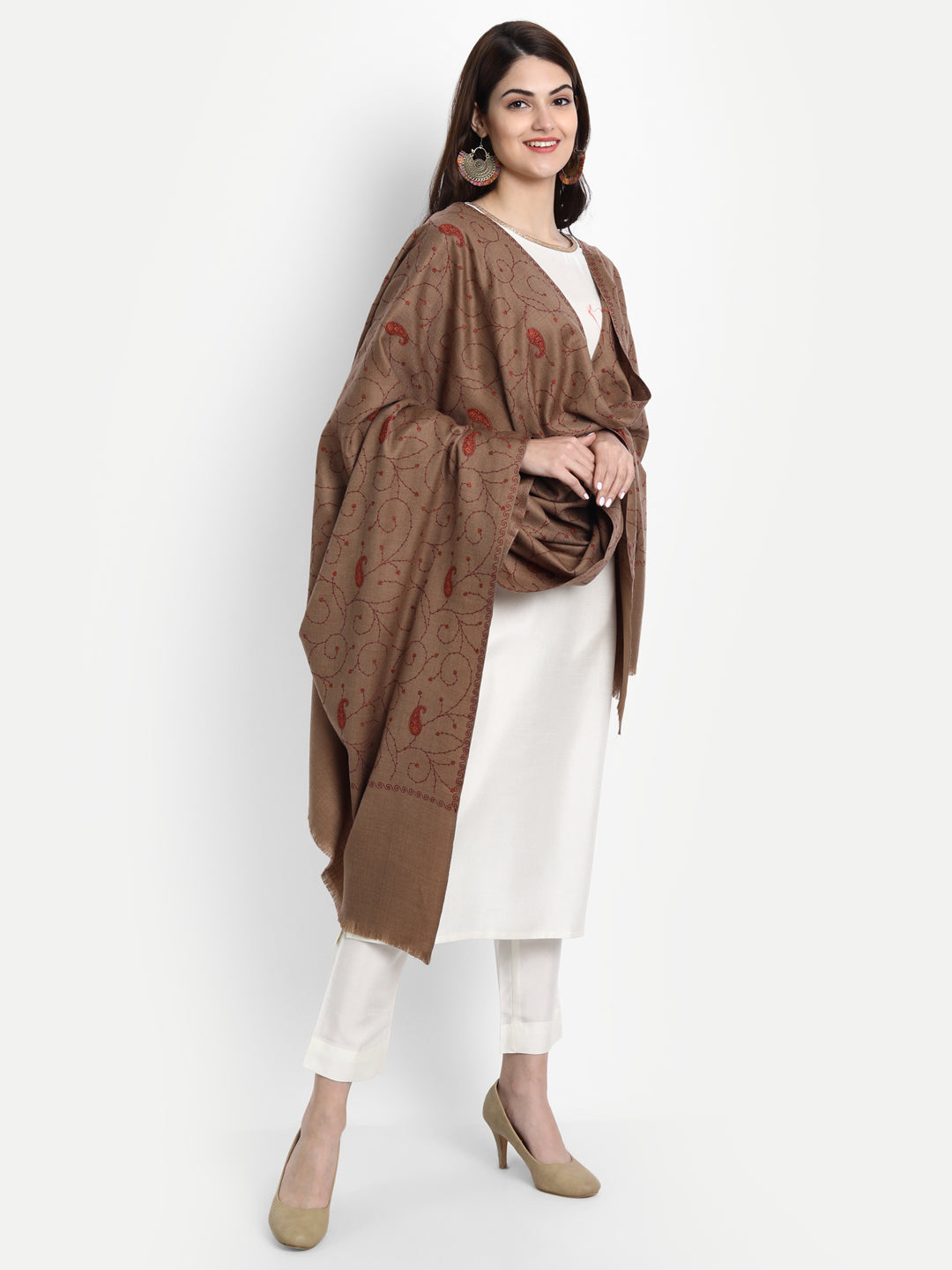 Fine Sozni Embroidery Jaal Kashmiri Wool Shawl | Brown - Zamour