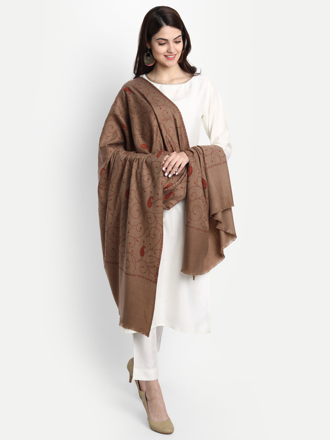 Fine Sozni Embroidery Jaal Kashmiri Wool Shawl | Brown - Zamour